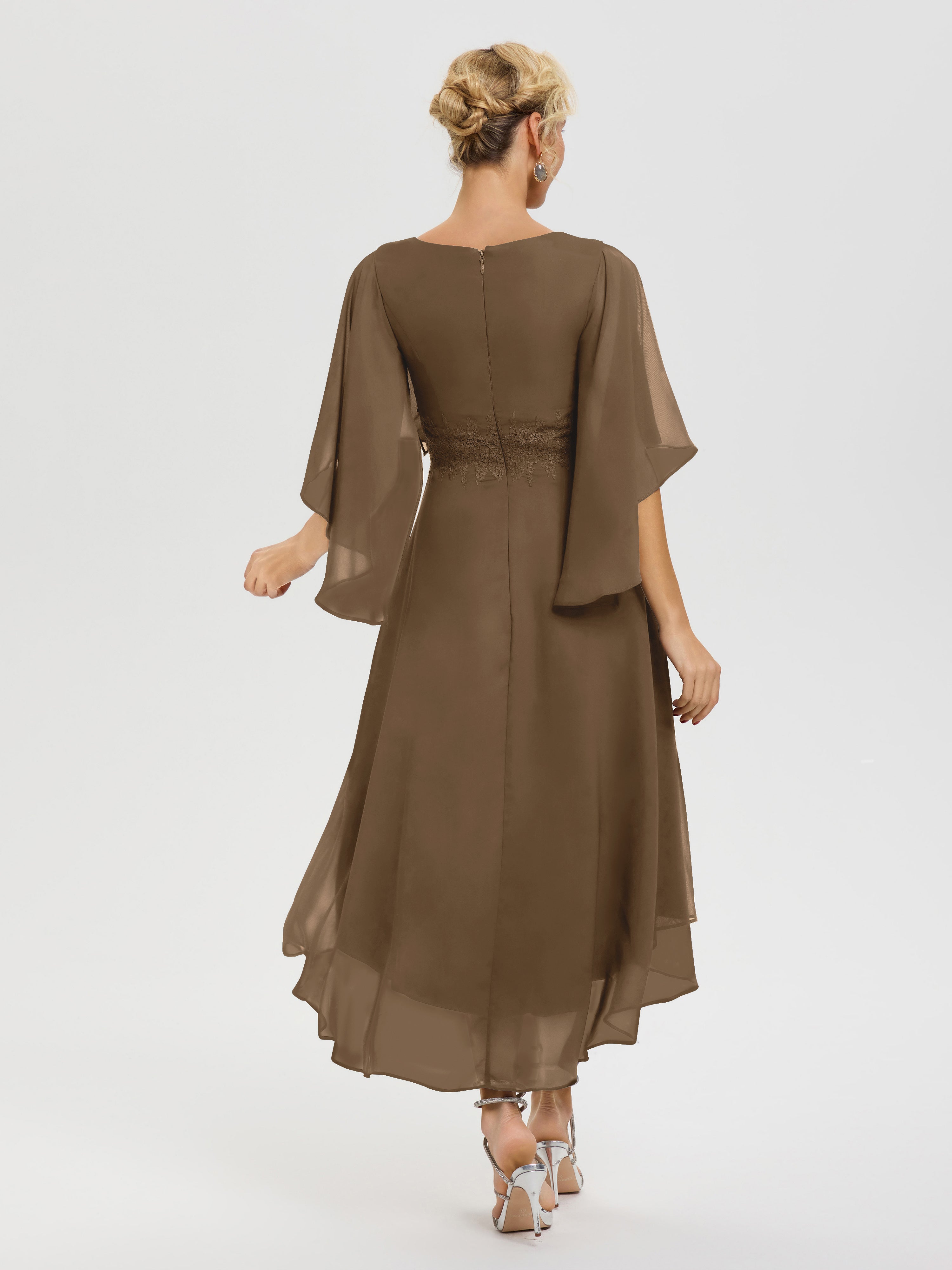 Robe Pour Mère De Mariée Moka Col V Mousseline & Dentelle Manches Asymétrique Robe Pour Mère De Mariée