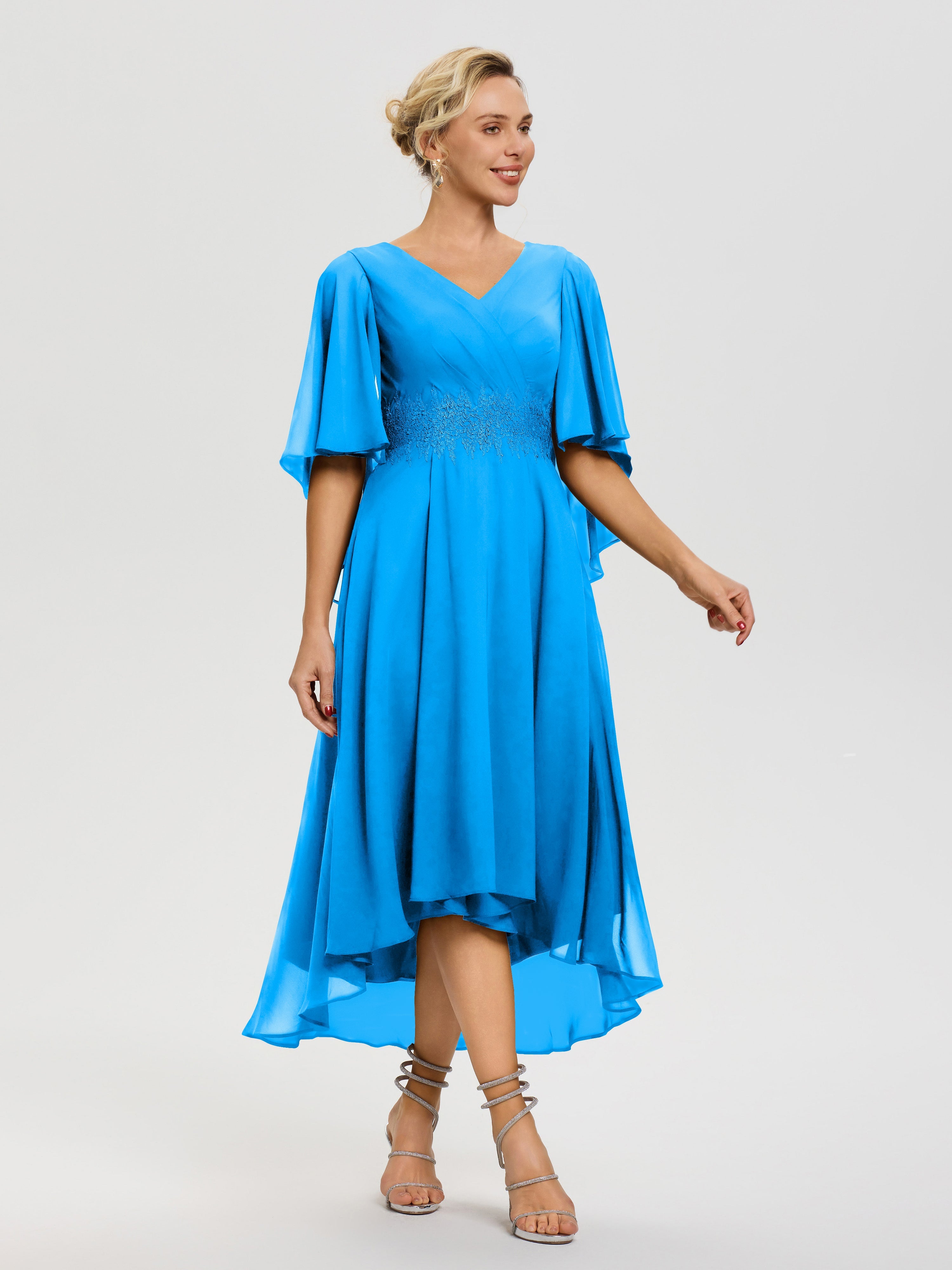 Tenue Mere Dela Mariee Bleu Océan Col V Mousseline & Dentelle Manches Asymétrique Robe Pour Mère De Mariée