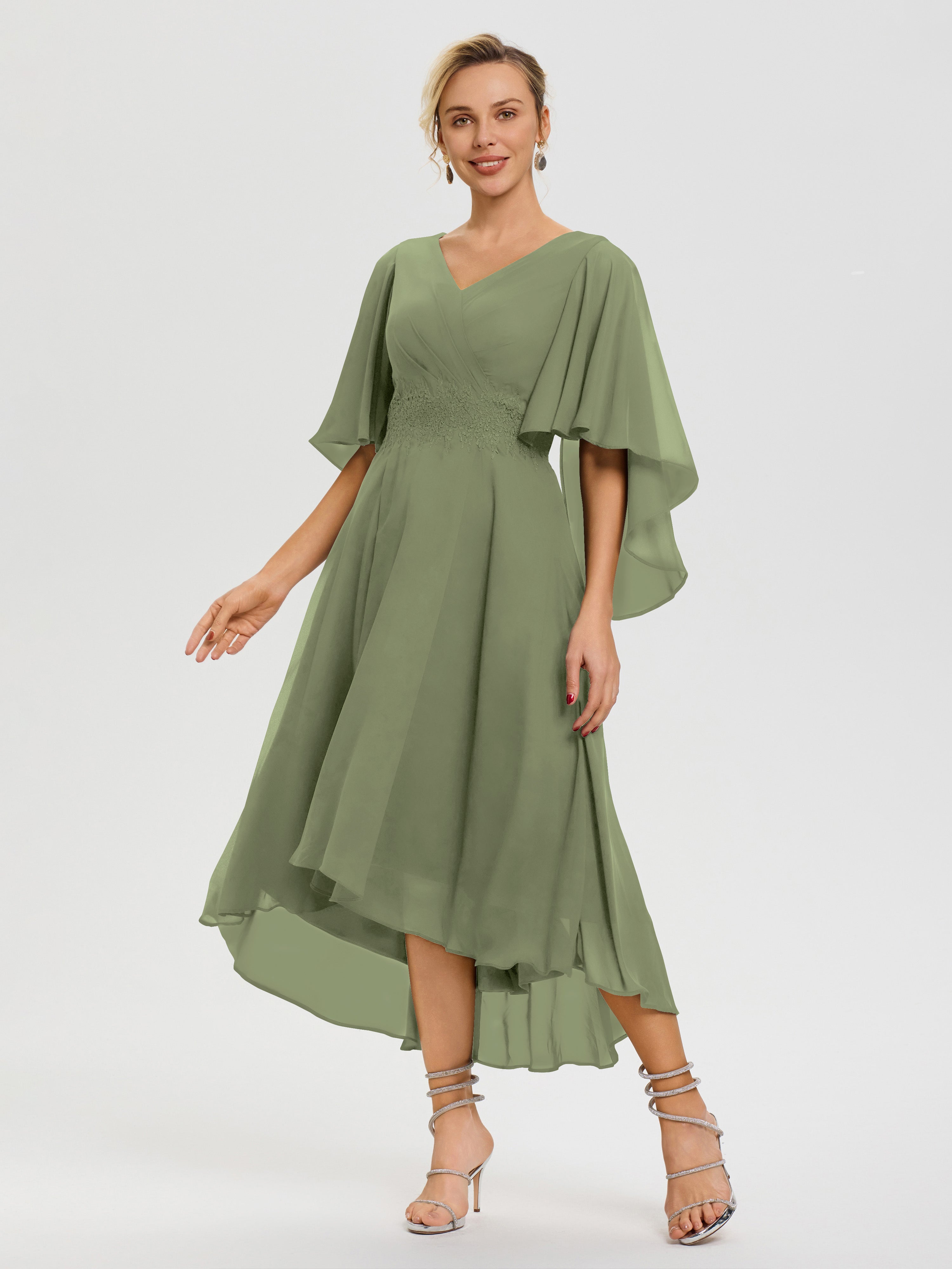 Robe De Mère De Mariée Moderne Vert Olive Col V Mousseline & Dentelle Manches Asymétrique Robe Pour Mère De Mariée