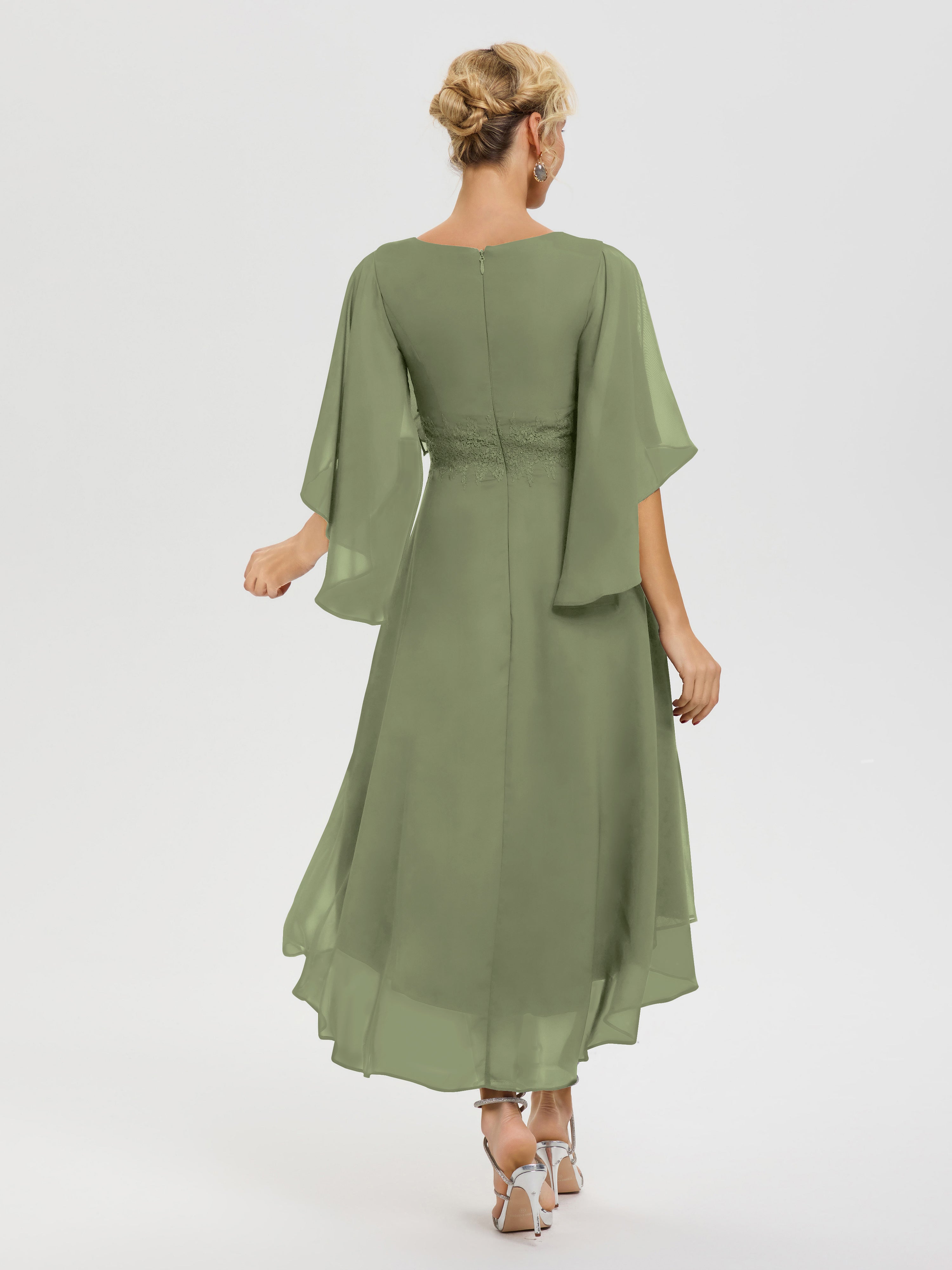 Robe De Mère De Mariée Moderne Vert Olive Col V Mousseline & Dentelle Manches Asymétrique Robe Pour Mère De Mariée