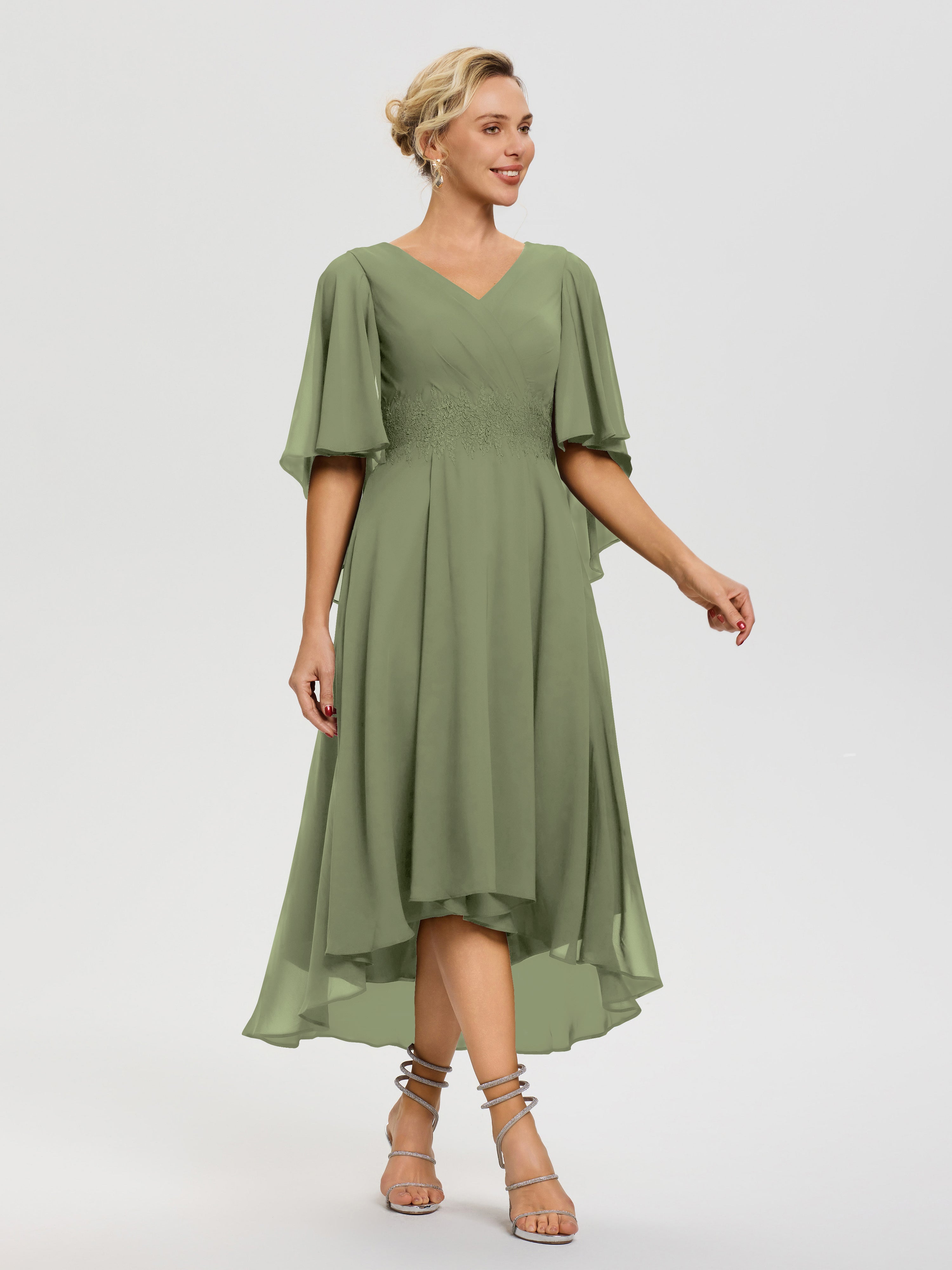 Robe De Mère De Mariée Moderne Vert Olive Col V Mousseline & Dentelle Manches Asymétrique Robe Pour Mère De Mariée