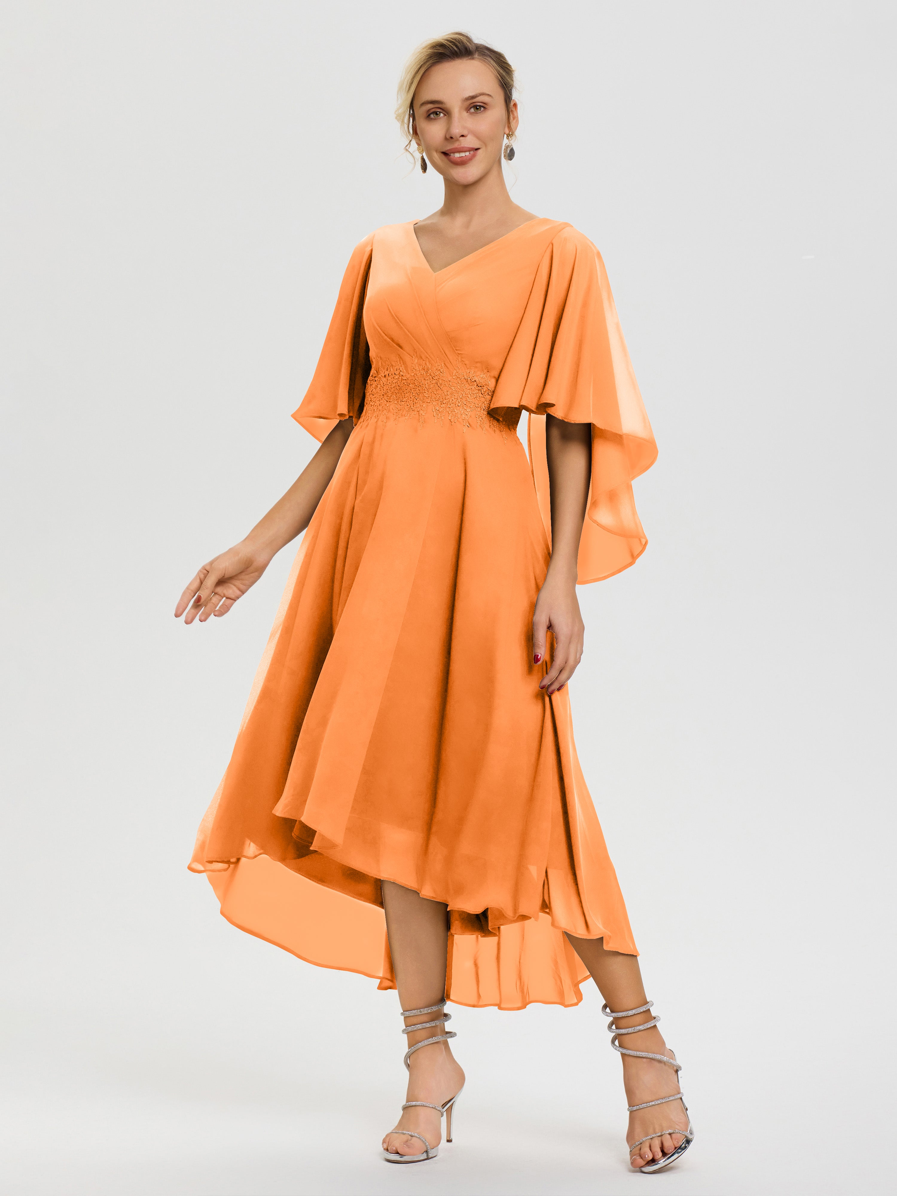 Robe Mère Mariée Orange Col V Mousseline & Dentelle Manches Asymétrique Robe Pour Mère De Mariée