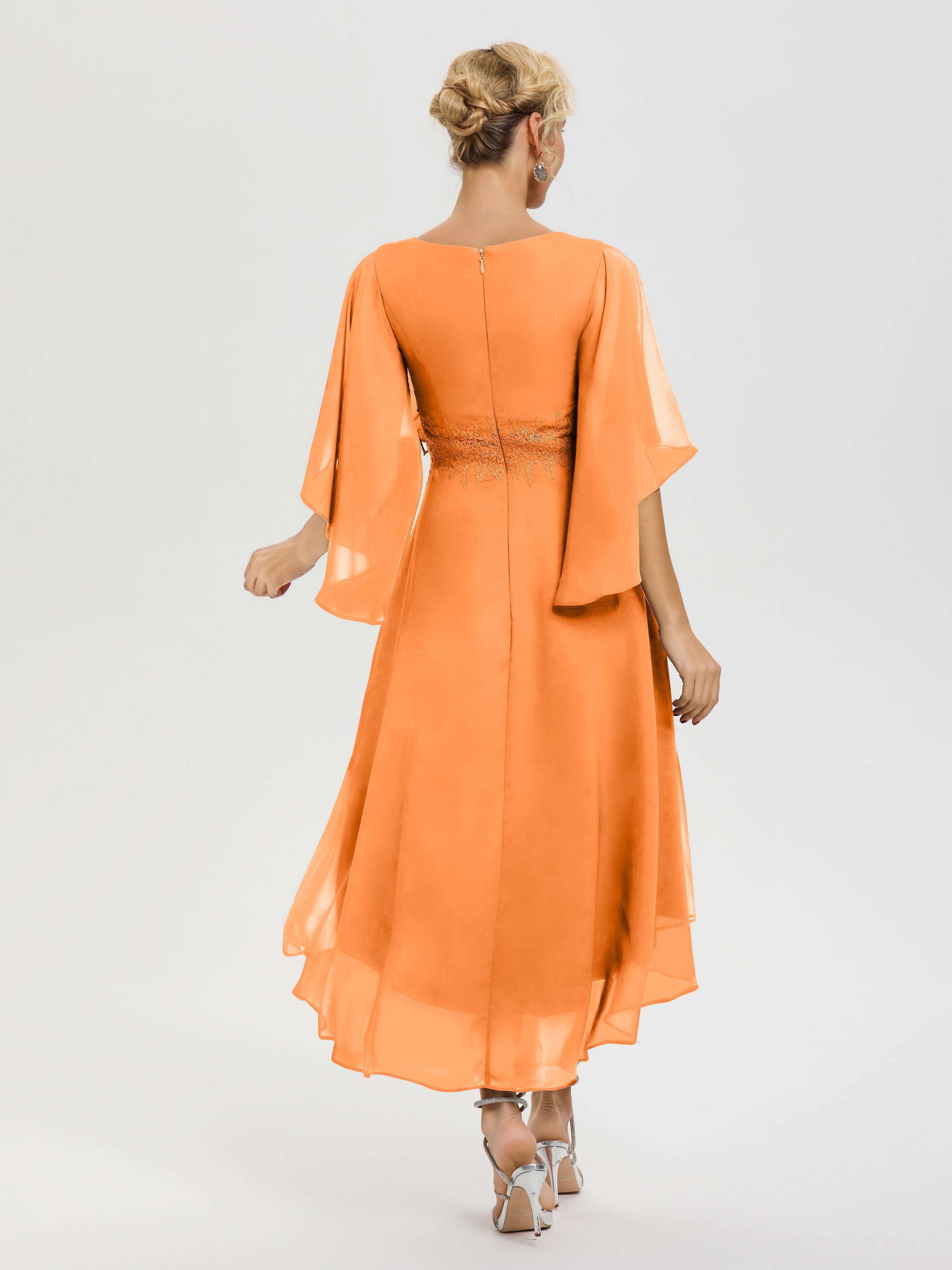 Robe Mère Mariée Orange Col V Mousseline & Dentelle Manches Asymétrique Robe Pour Mère De Mariée