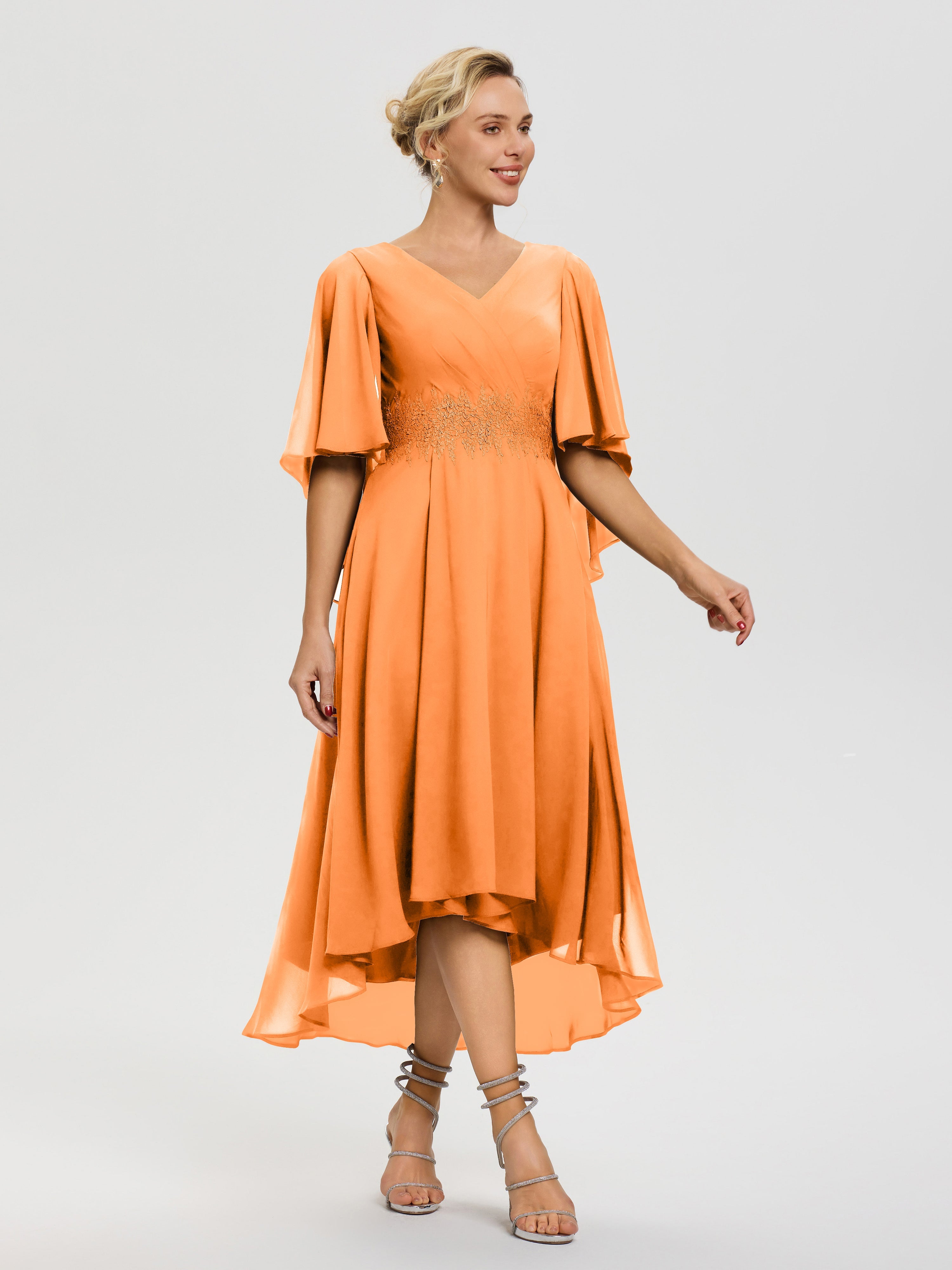 Robe Mère Mariée Orange Col V Mousseline & Dentelle Manches Asymétrique Robe Pour Mère De Mariée
