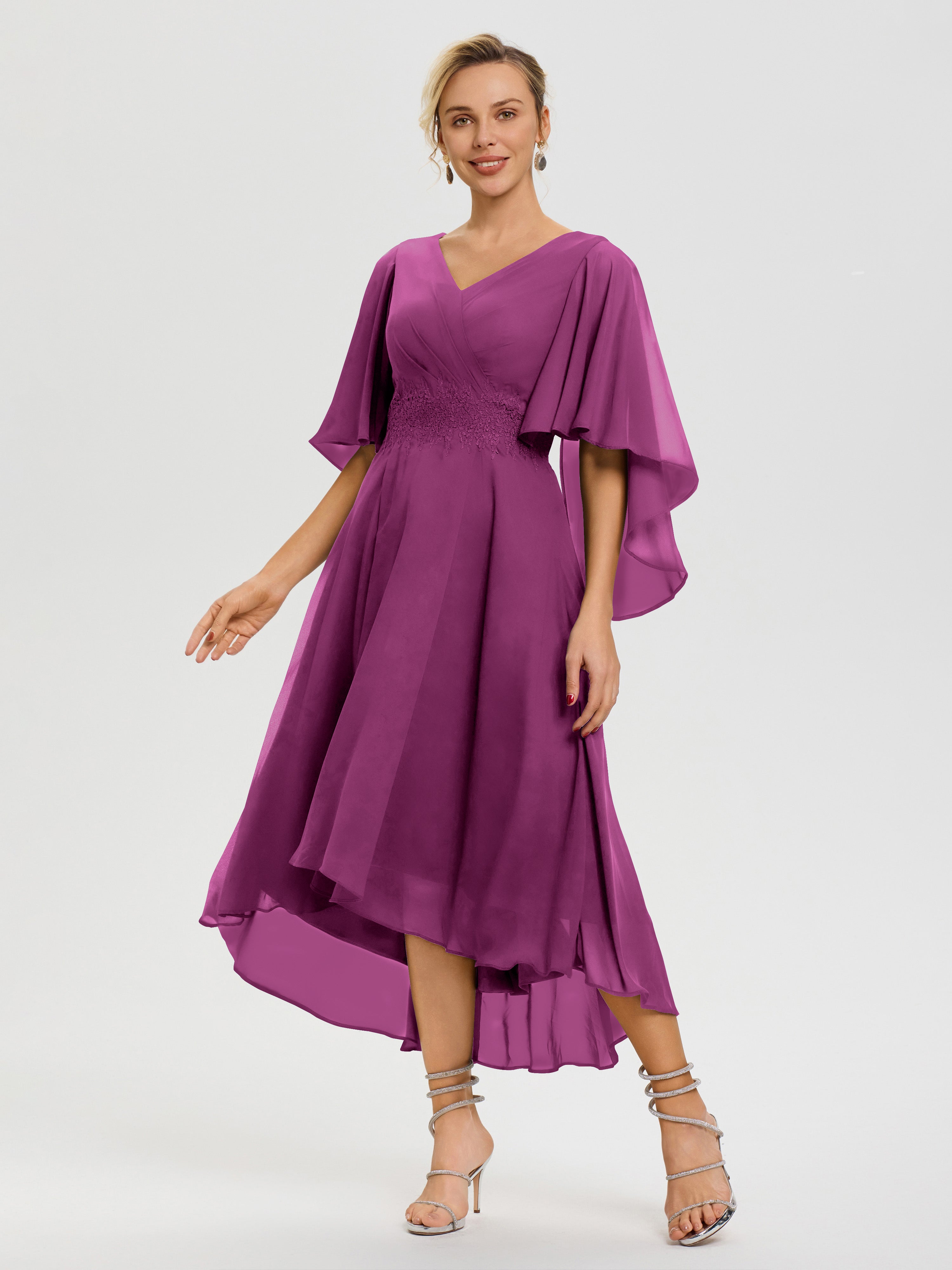 Robe Mère Mariée Orchidée Col V Mousseline & Dentelle Manches Asymétrique Robe Pour Mère De Mariée