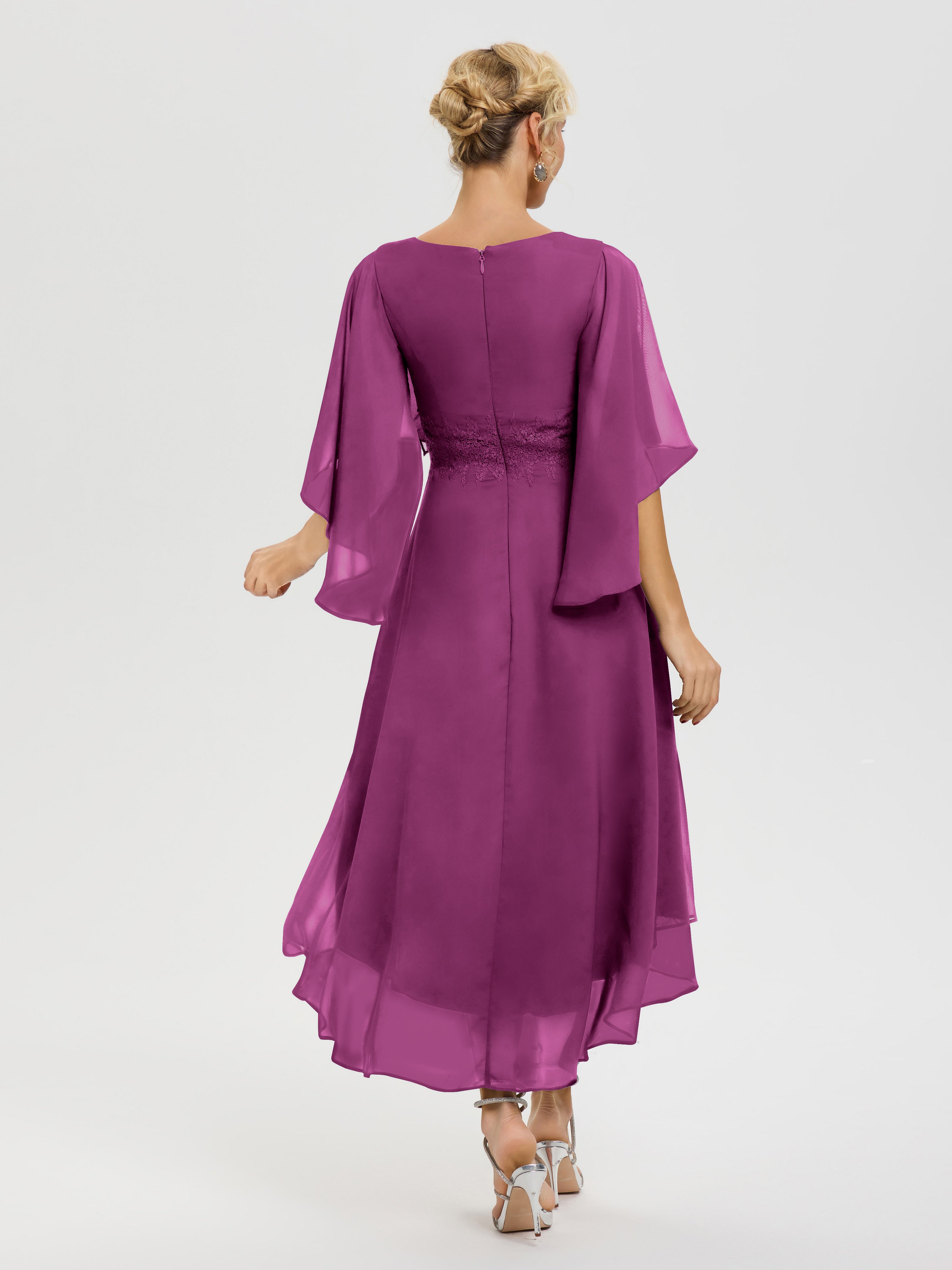 Robe Mère Mariée Orchidée Col V Mousseline & Dentelle Manches Asymétrique Robe Pour Mère De Mariée