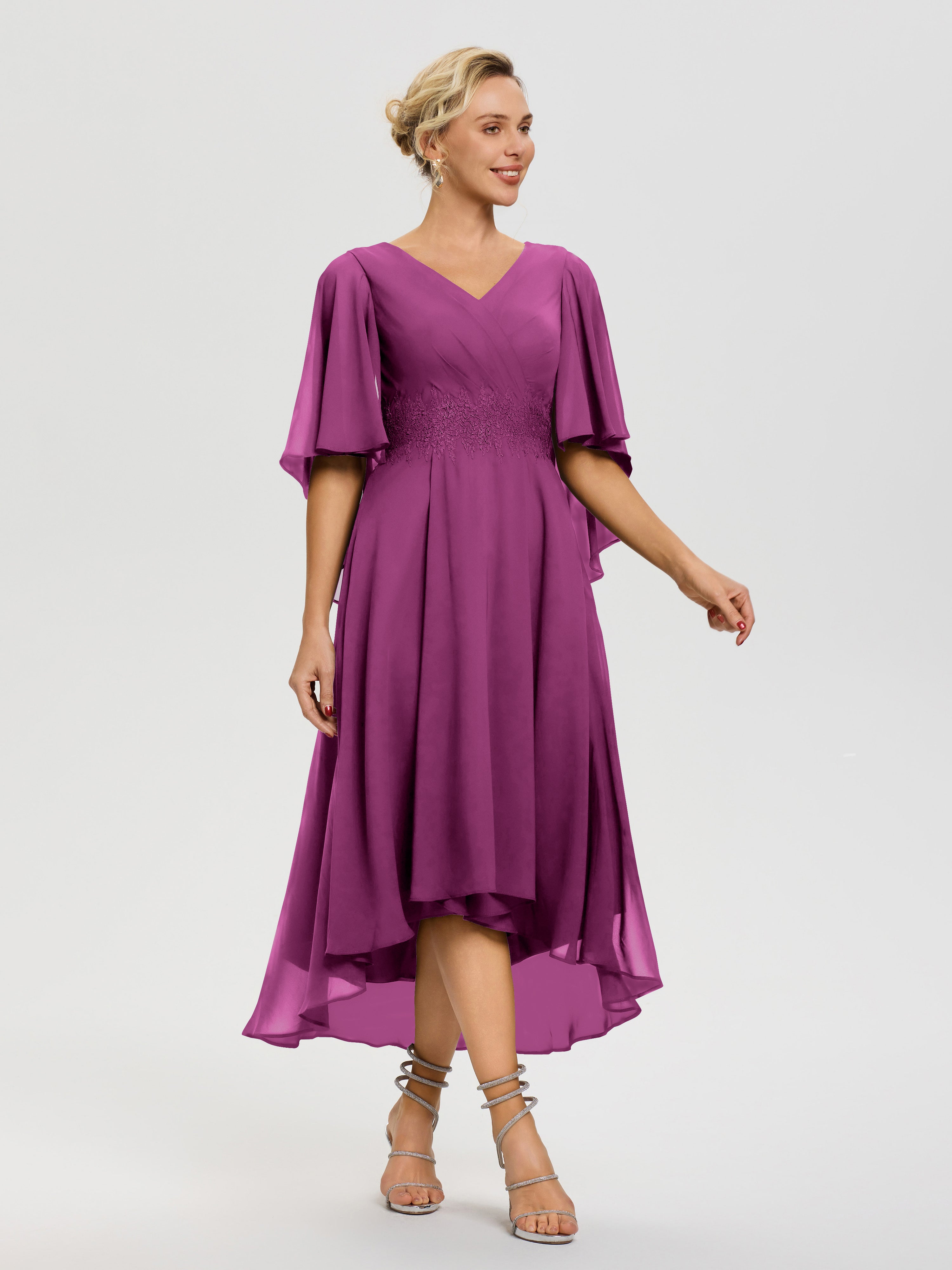 Robe Mère Mariée Orchidée Col V Mousseline & Dentelle Manches Asymétrique Robe Pour Mère De Mariée