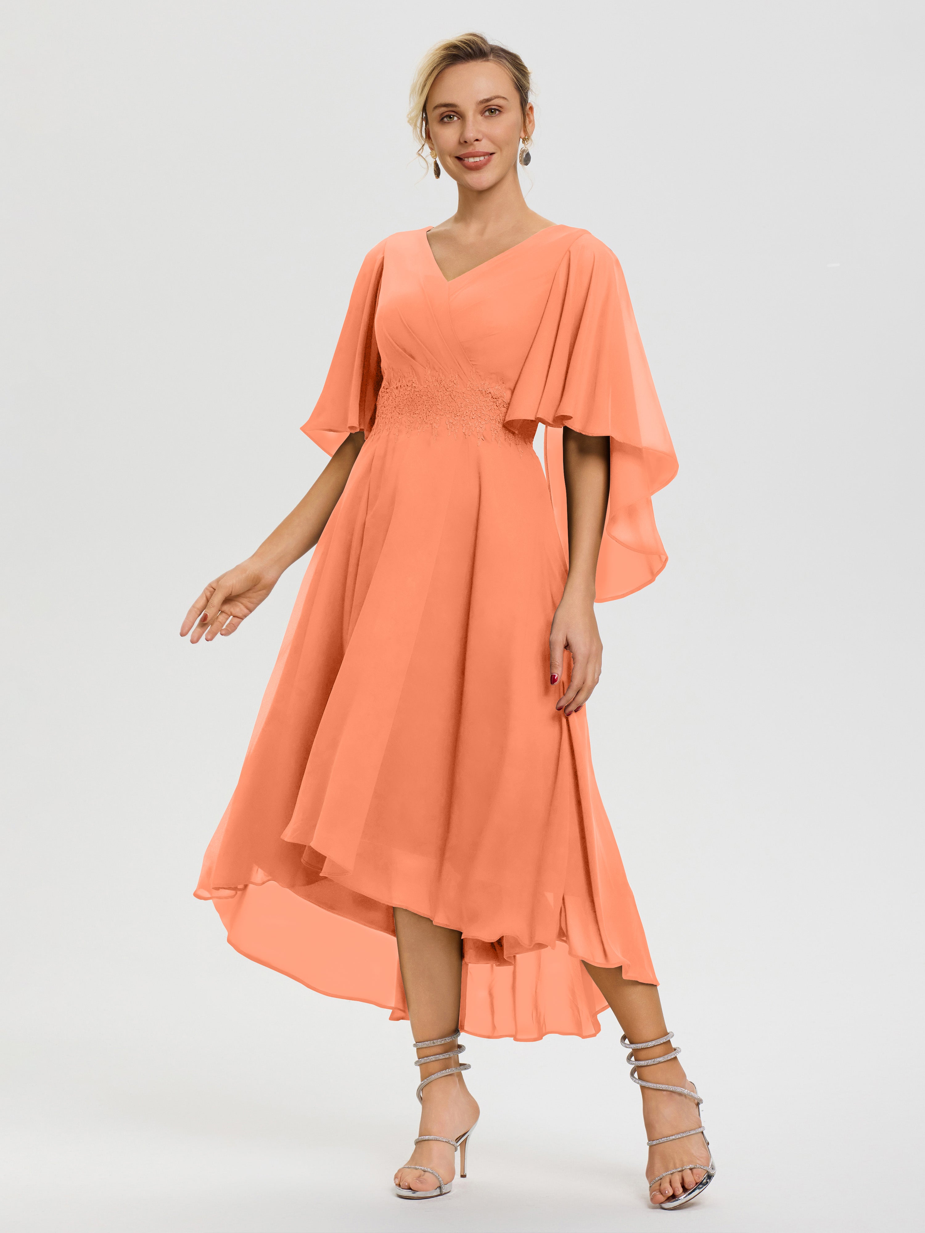 Robe Mère Mariée Papaye Col V Mousseline & Dentelle Manches Asymétrique Robe Pour Mère De Mariée