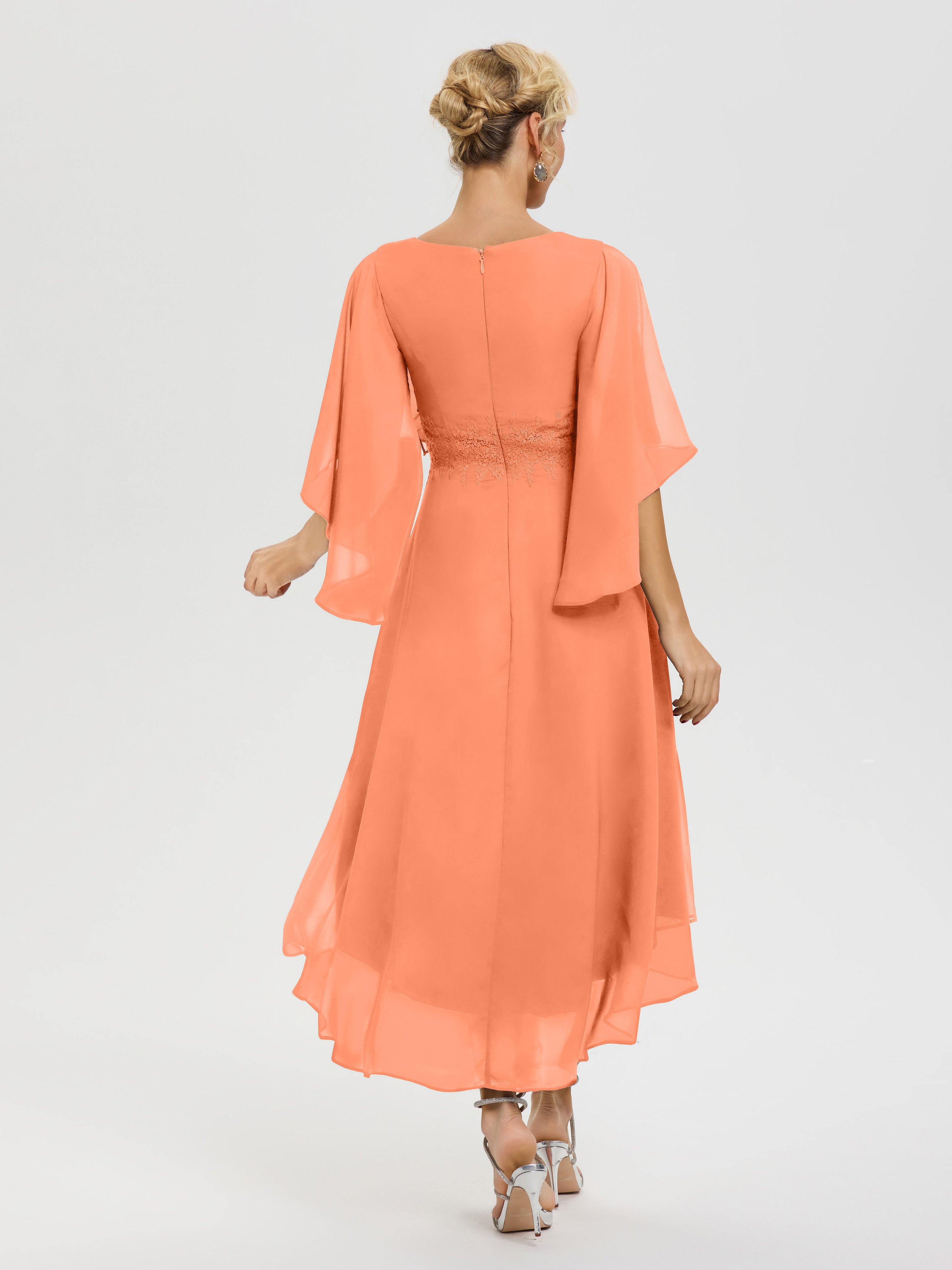 Robe Mère Mariée Papaye Col V Mousseline & Dentelle Manches Asymétrique Robe Pour Mère De Mariée