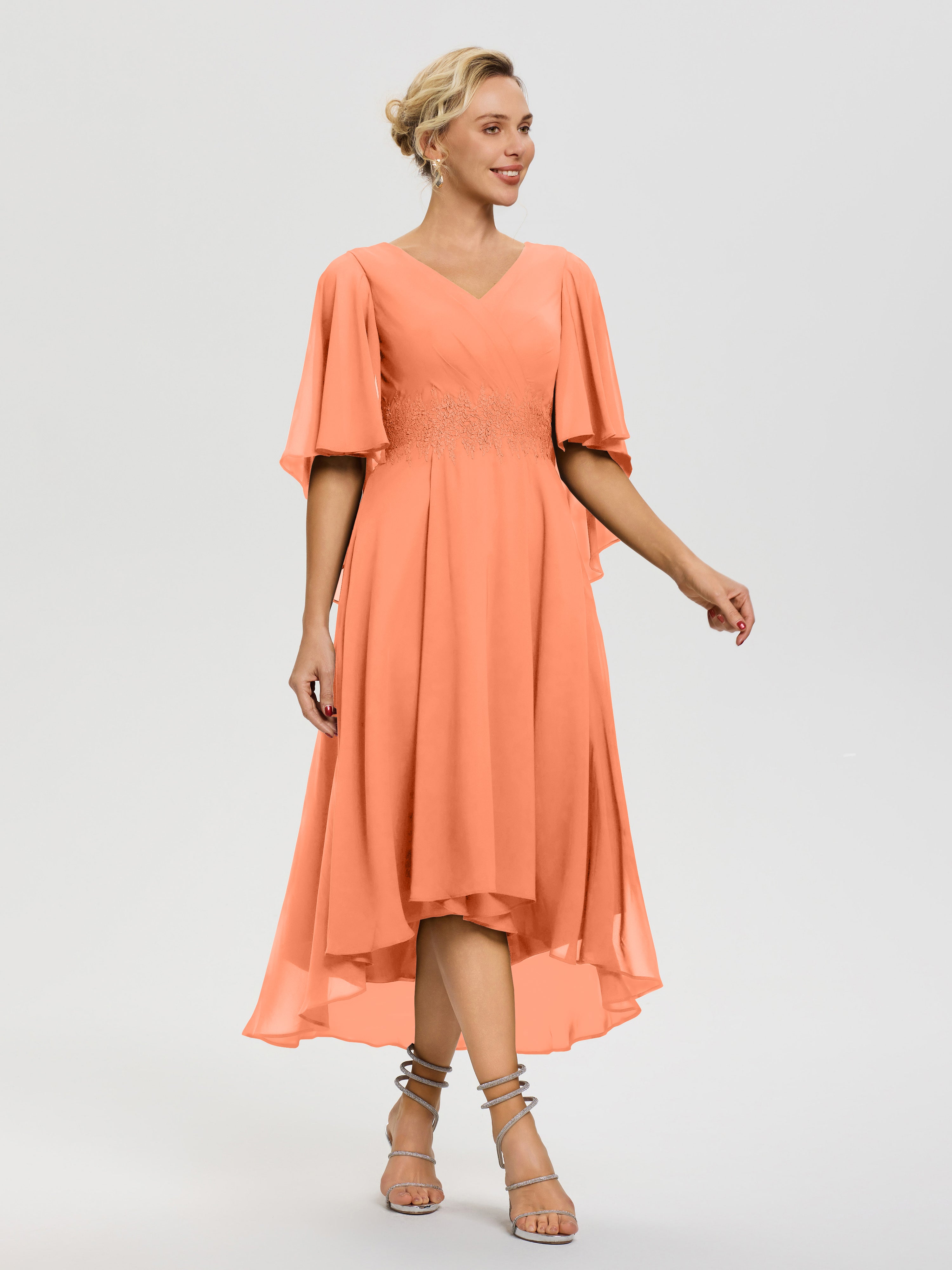 Robe Mère Mariée Papaye Col V Mousseline & Dentelle Manches Asymétrique Robe Pour Mère De Mariée