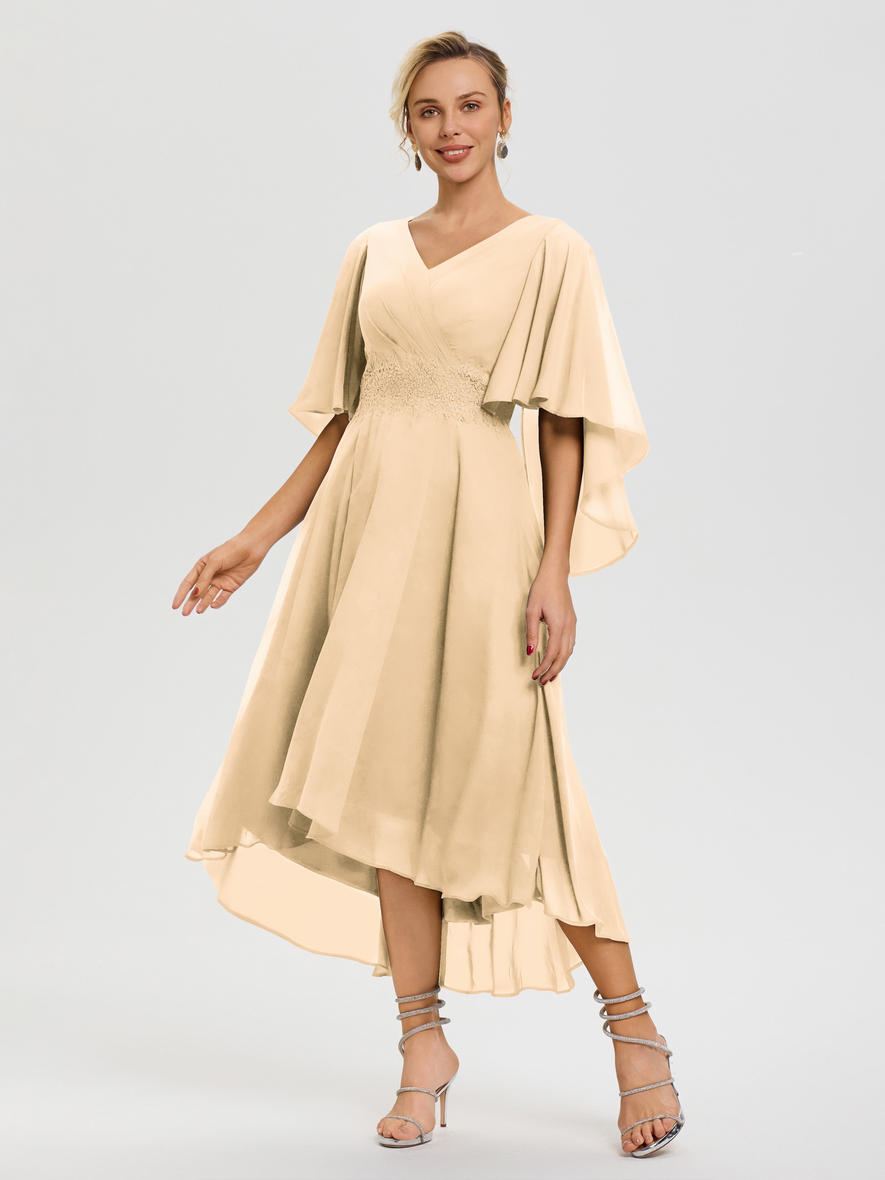 Robe Pour Mère De Mariée Peche Col V Mousseline & Dentelle Manches Asymétrique Robe Pour Mère De Mariée