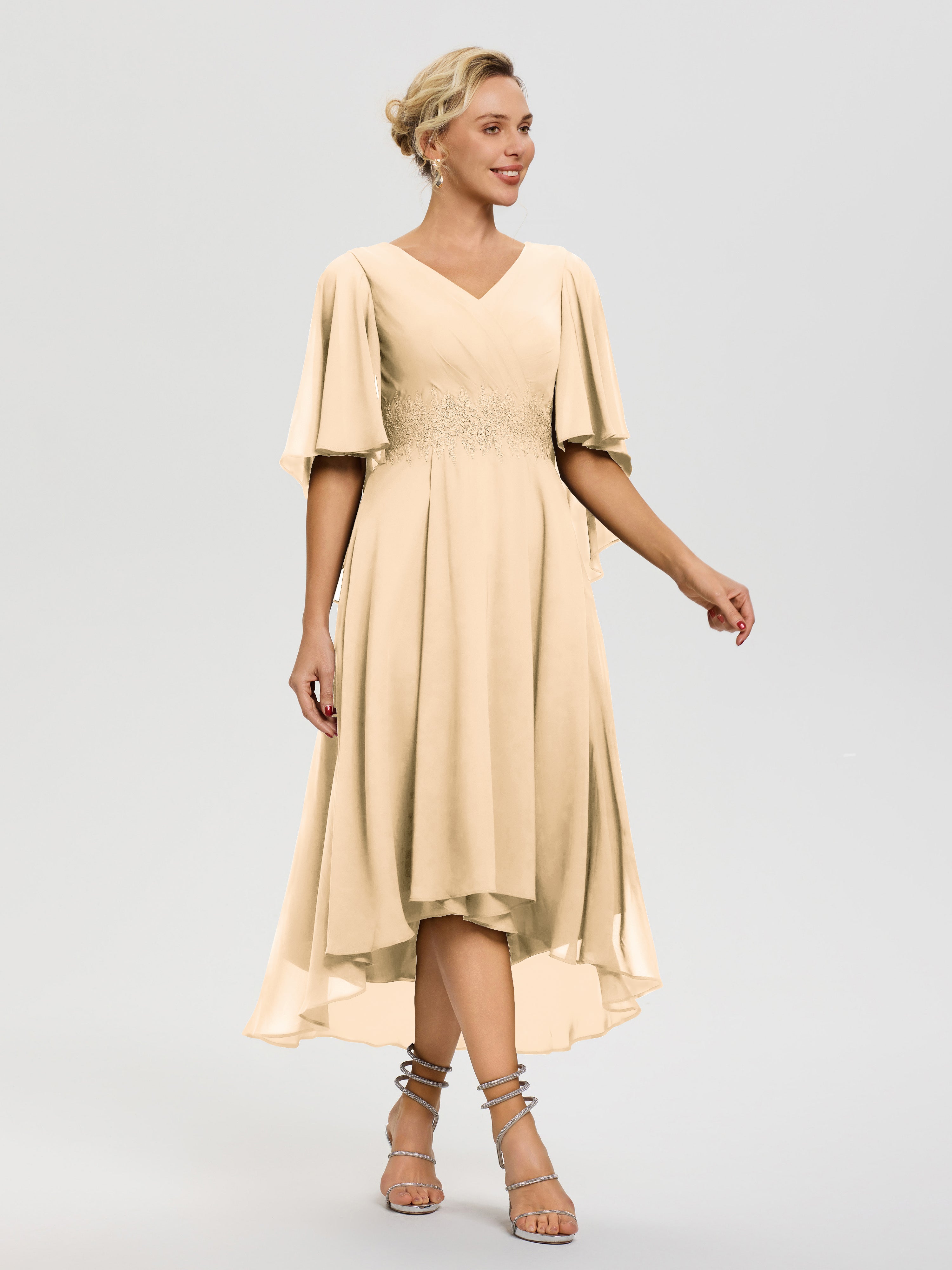 Robe Pour Mère De Mariée Peche Col V Mousseline & Dentelle Manches Asymétrique Robe Pour Mère De Mariée