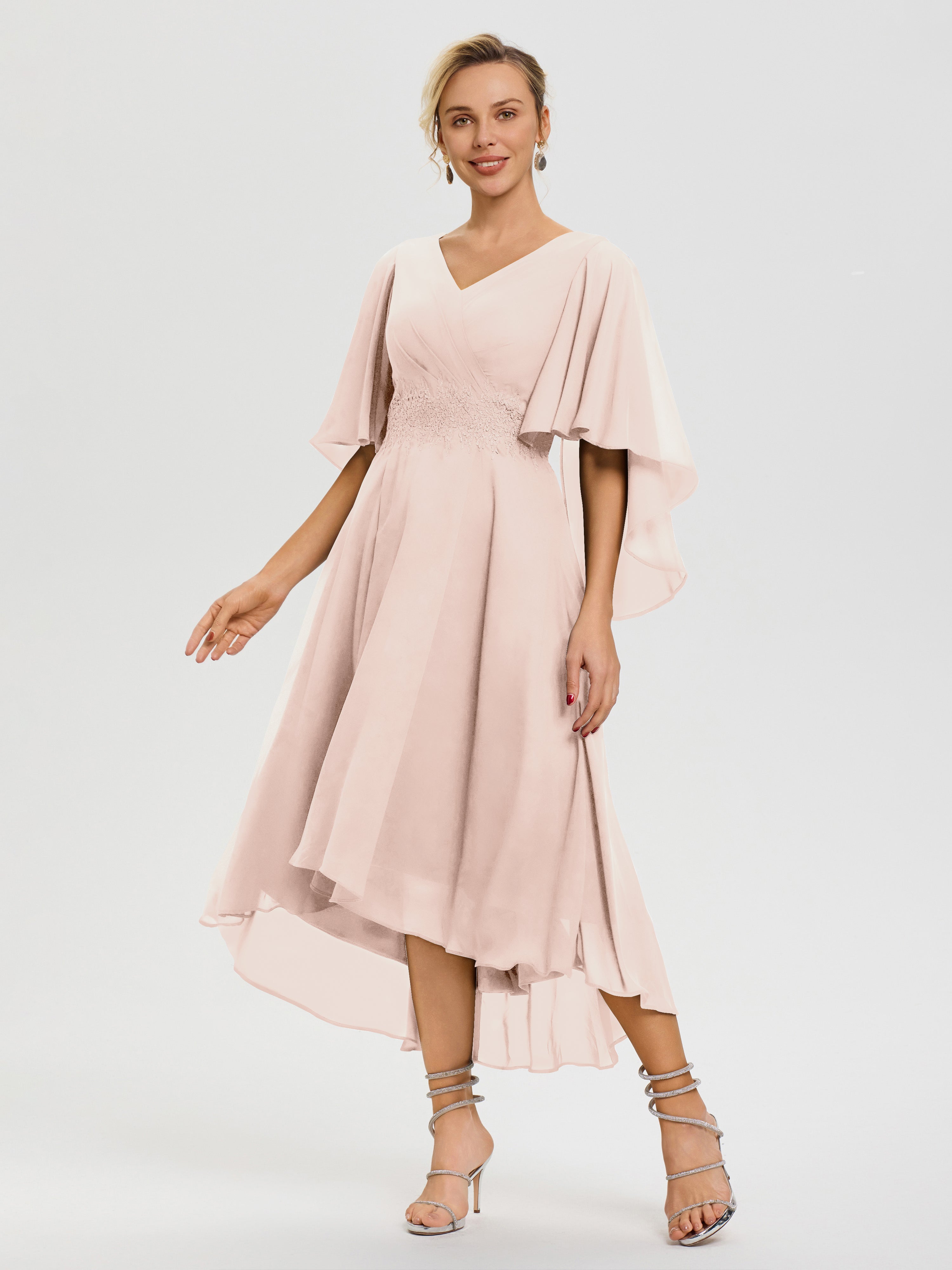 Robe Mère Mariée Rose Perle Col V Mousseline & Dentelle Manches Asymétrique Robe Pour Mère De Mariée