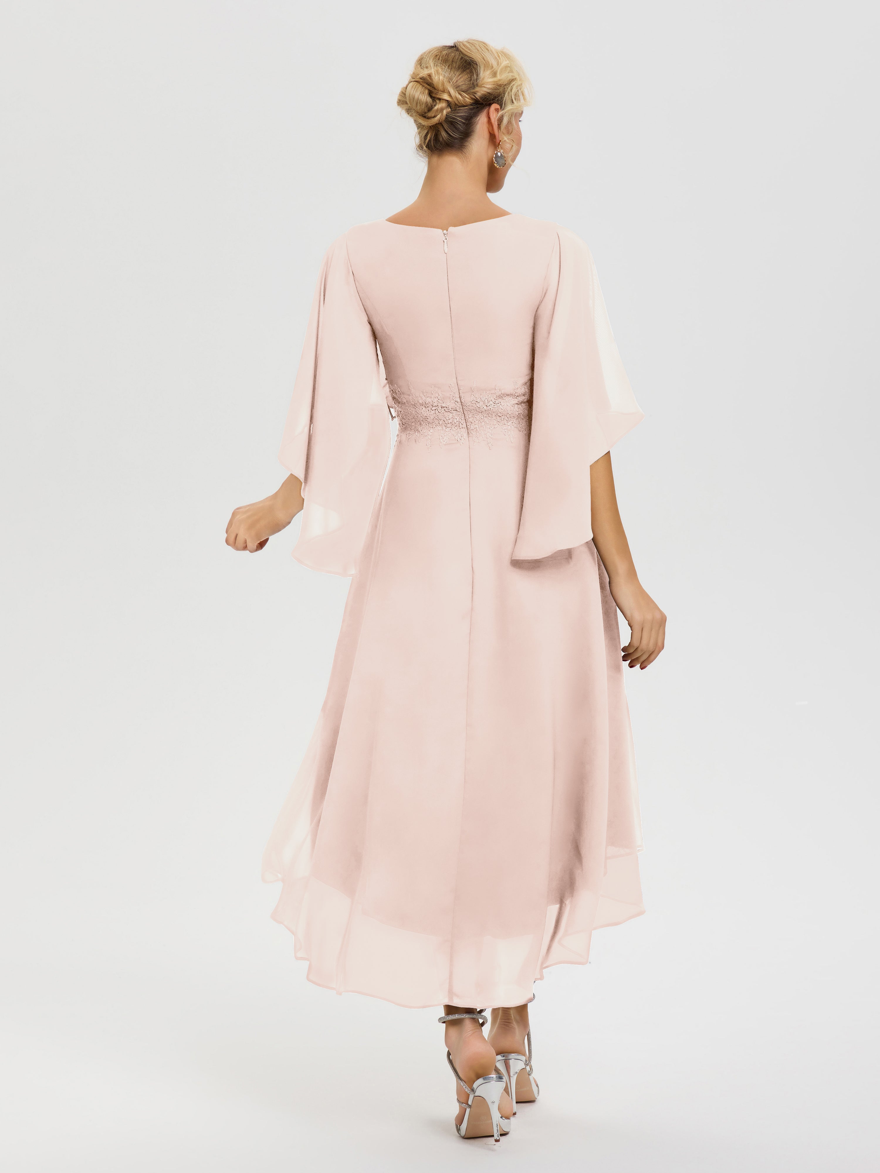 Robe Mère Mariée Rose Perle Col V Mousseline & Dentelle Manches Asymétrique Robe Pour Mère De Mariée