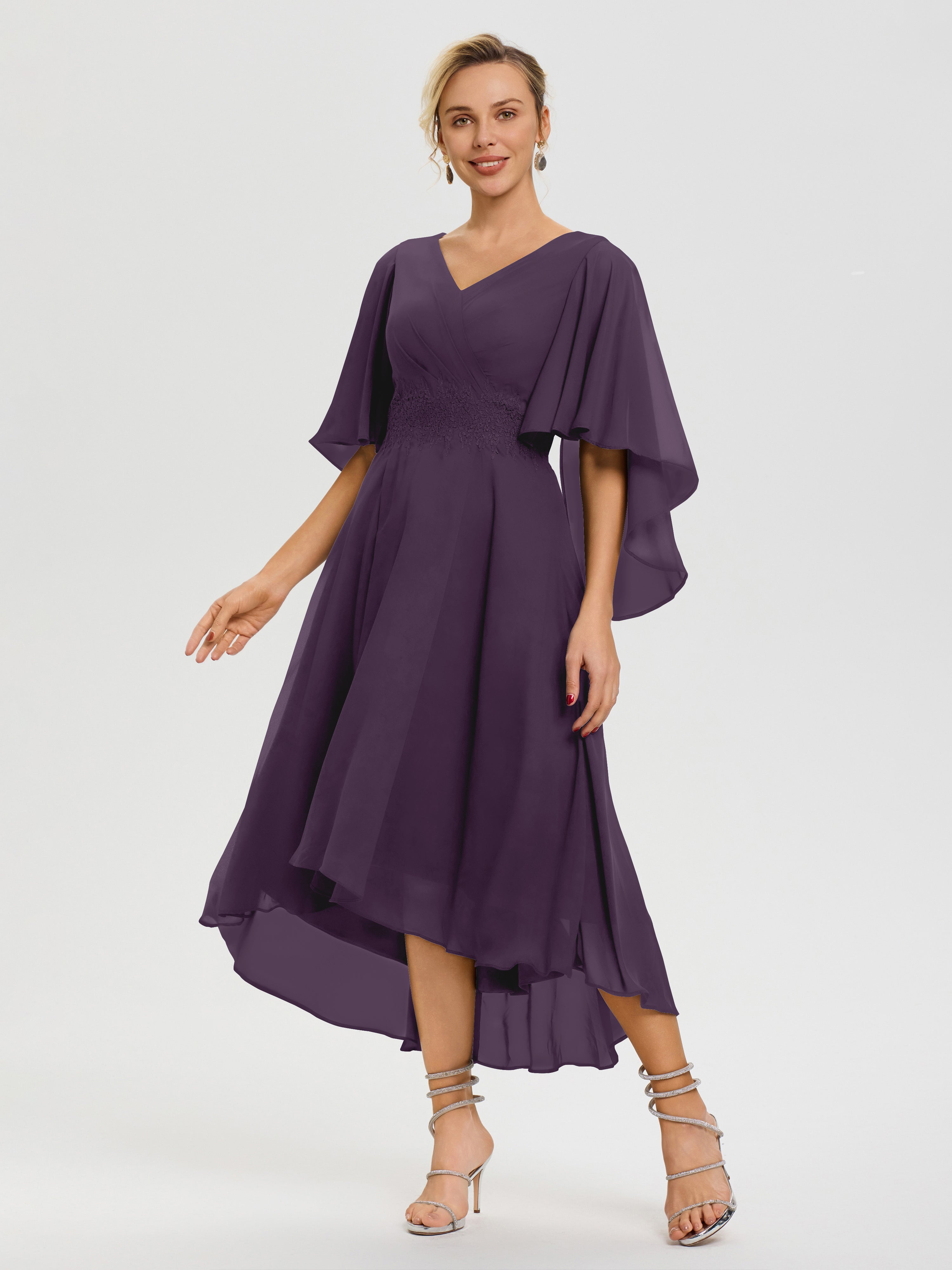 Robe Mère Mariée Plum Col V Mousseline & Dentelle Manches Asymétrique Robe Pour Mère De Mariée