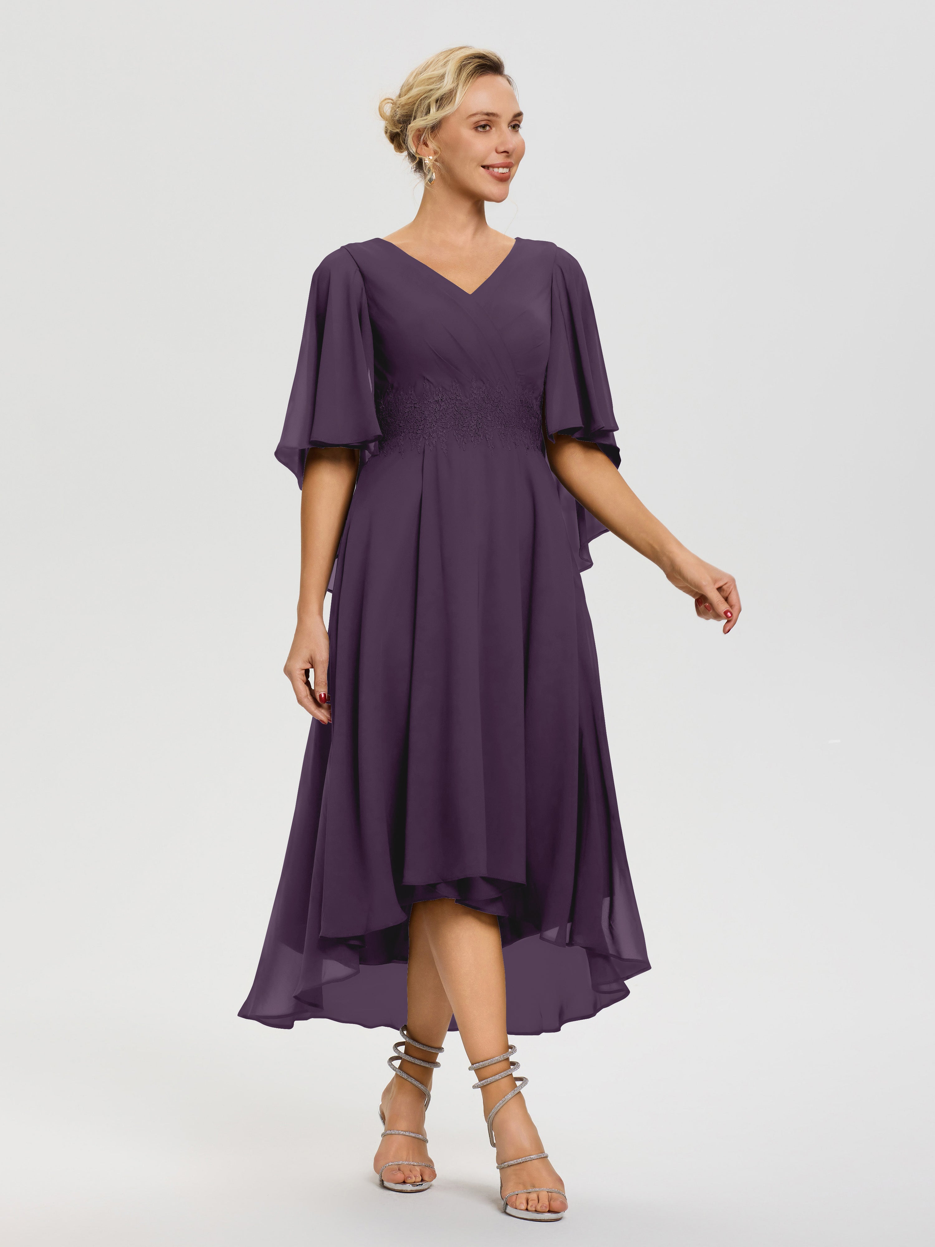 Robe Mère Mariée Plum Col V Mousseline & Dentelle Manches Asymétrique Robe Pour Mère De Mariée