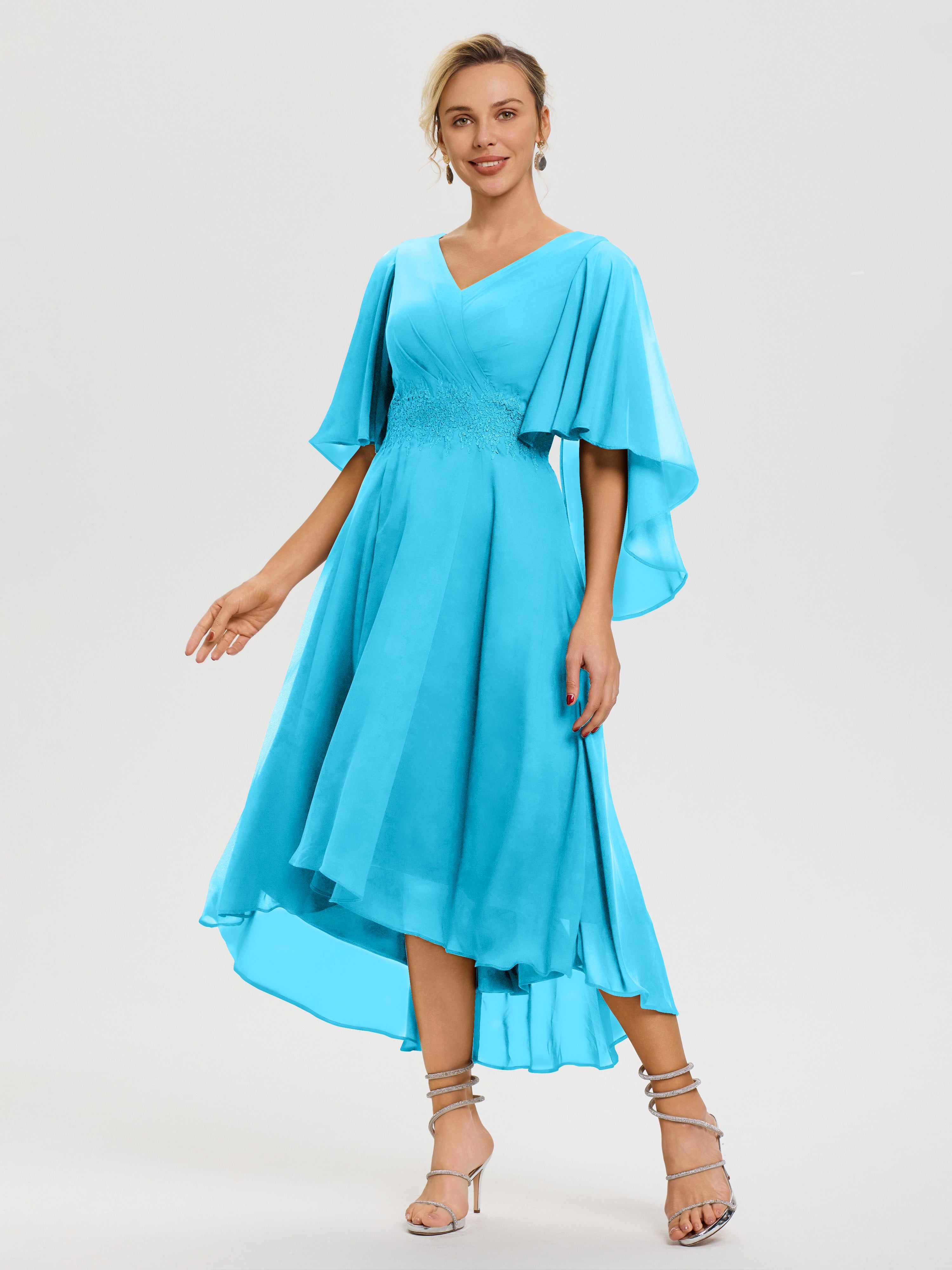 Robe Mère Mariée Piscine Col V Mousseline & Dentelle Manches Asymétrique Robe Pour Mère De Mariée