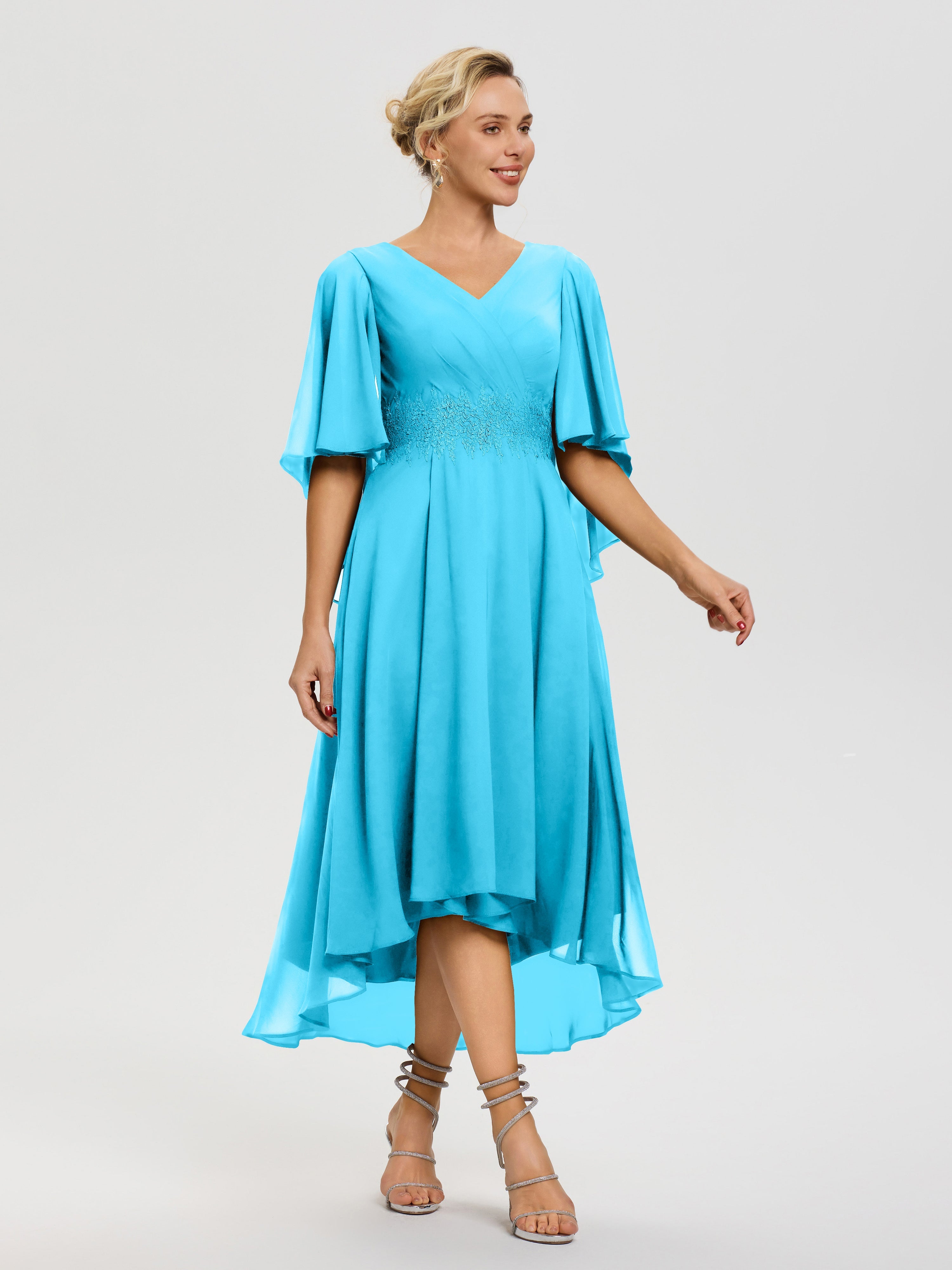 Robe Mère Mariée Piscine Col V Mousseline & Dentelle Manches Asymétrique Robe Pour Mère De Mariée