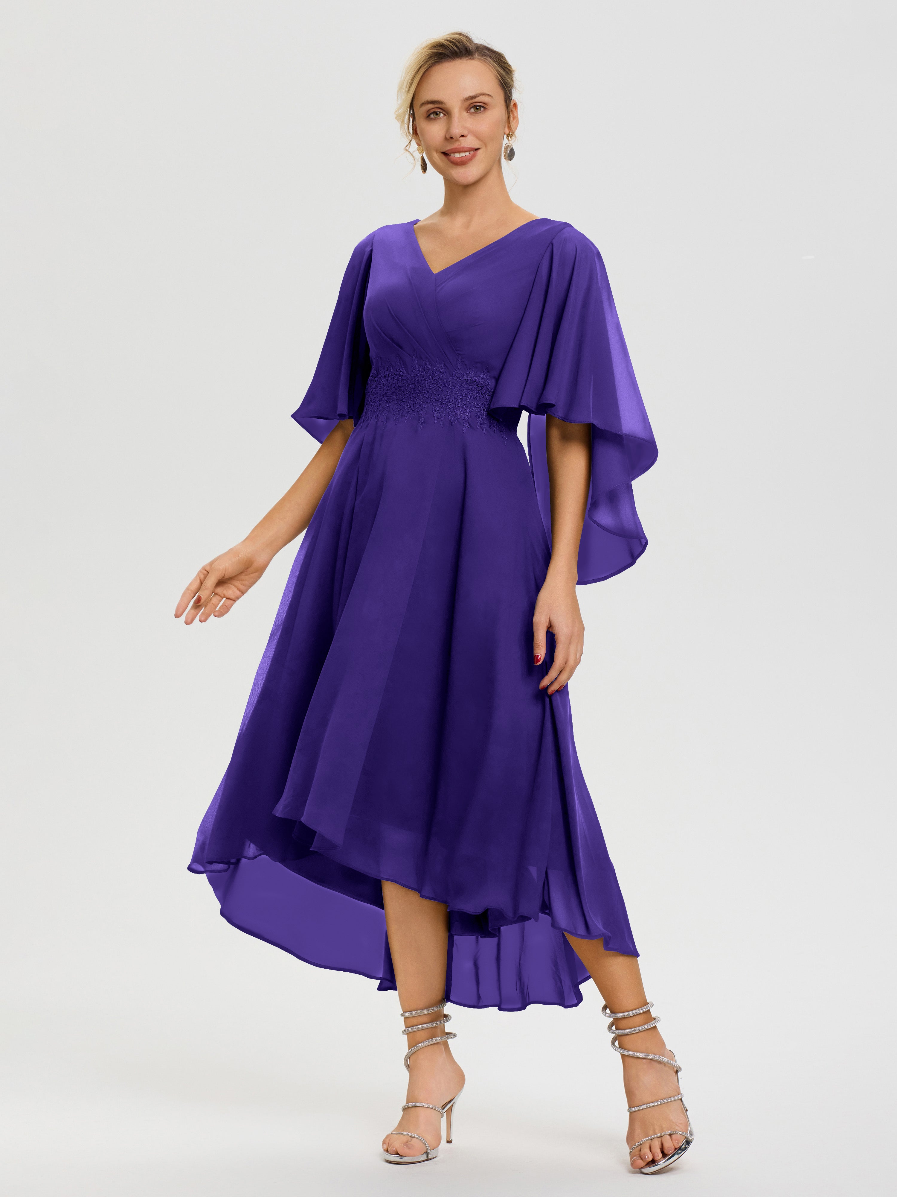 Robe Mère Mariée Régence Col V Mousseline & Dentelle Manches Asymétrique Robe Pour Mère De Mariée