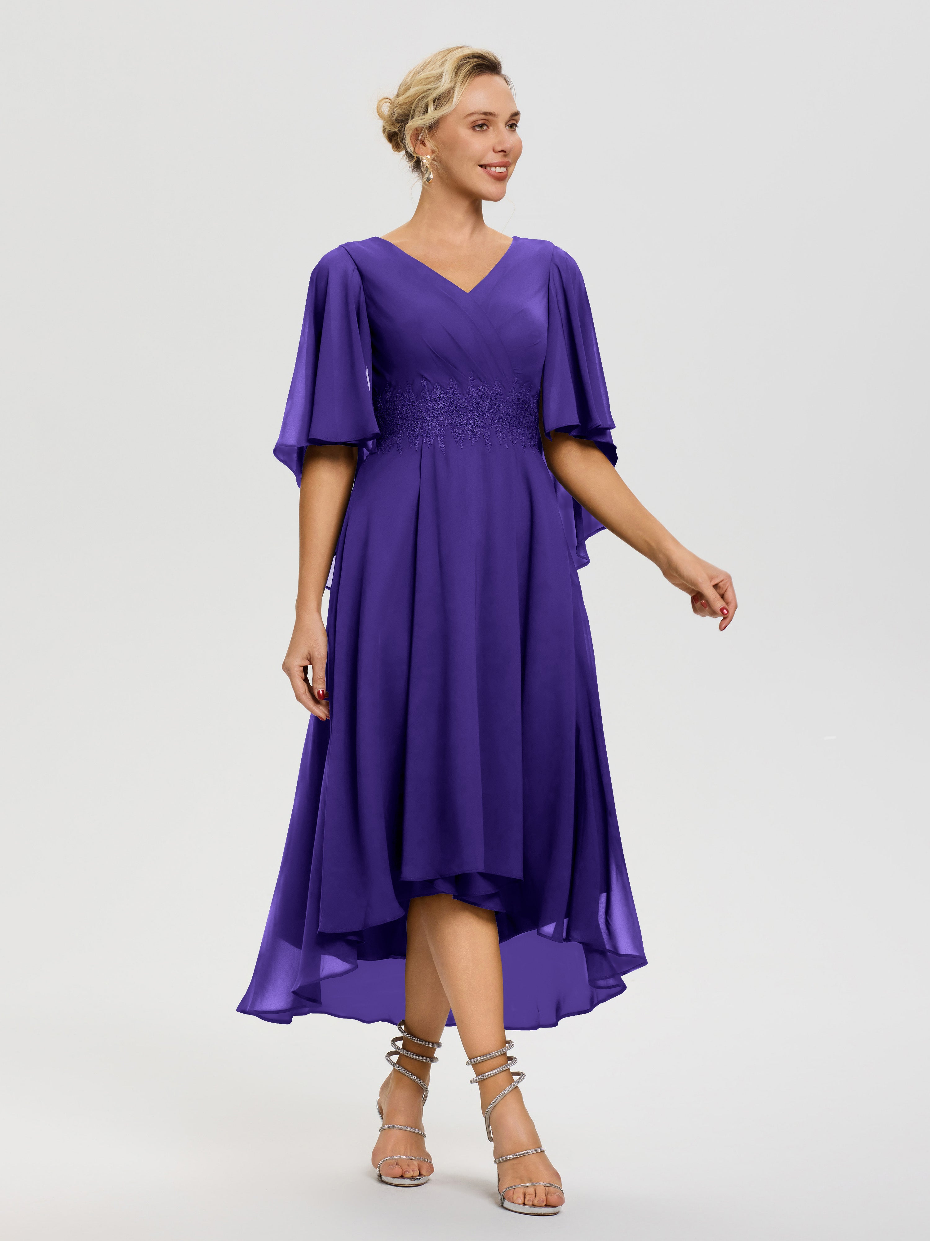 Robe Mère Mariée Régence Col V Mousseline & Dentelle Manches Asymétrique Robe Pour Mère De Mariée