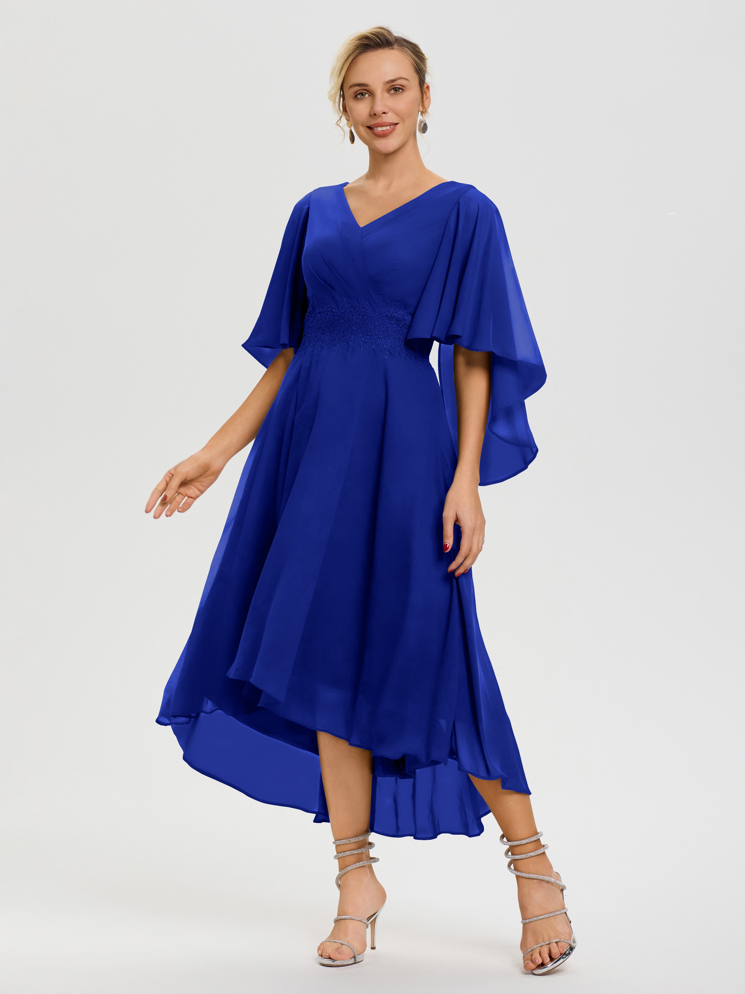 Tenue Mere Dela Mariee Bleu Royale Col V Mousseline & Dentelle Manches Asymétrique Robe Pour Mère De Mariée
