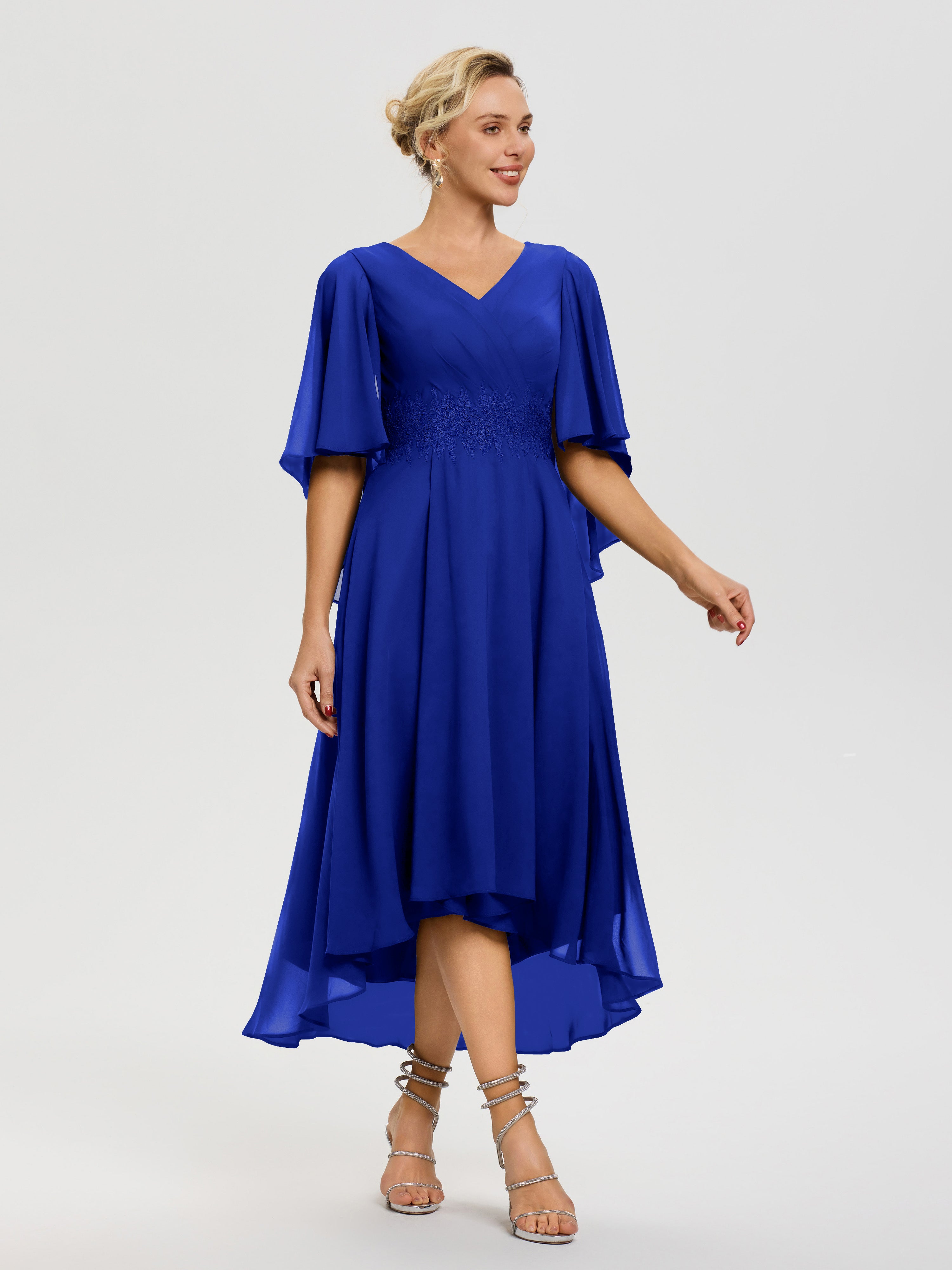 Tenue Mere Dela Mariee Bleu Royale Col V Mousseline & Dentelle Manches Asymétrique Robe Pour Mère De Mariée