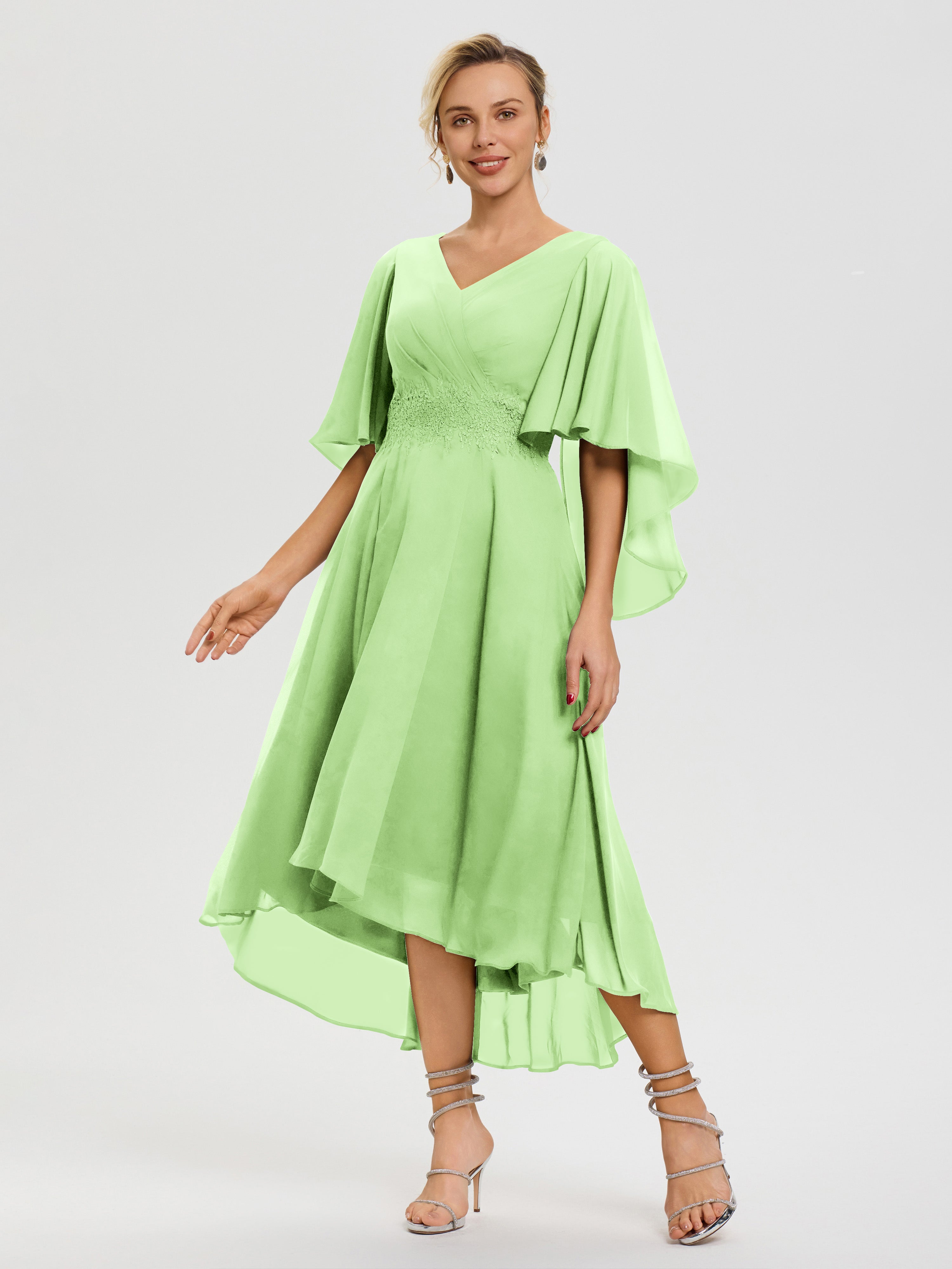 Robe Pour Mère De Mariée Sauge Col V Mousseline & Dentelle Manches Asymétrique Robe Pour Mère De Mariée