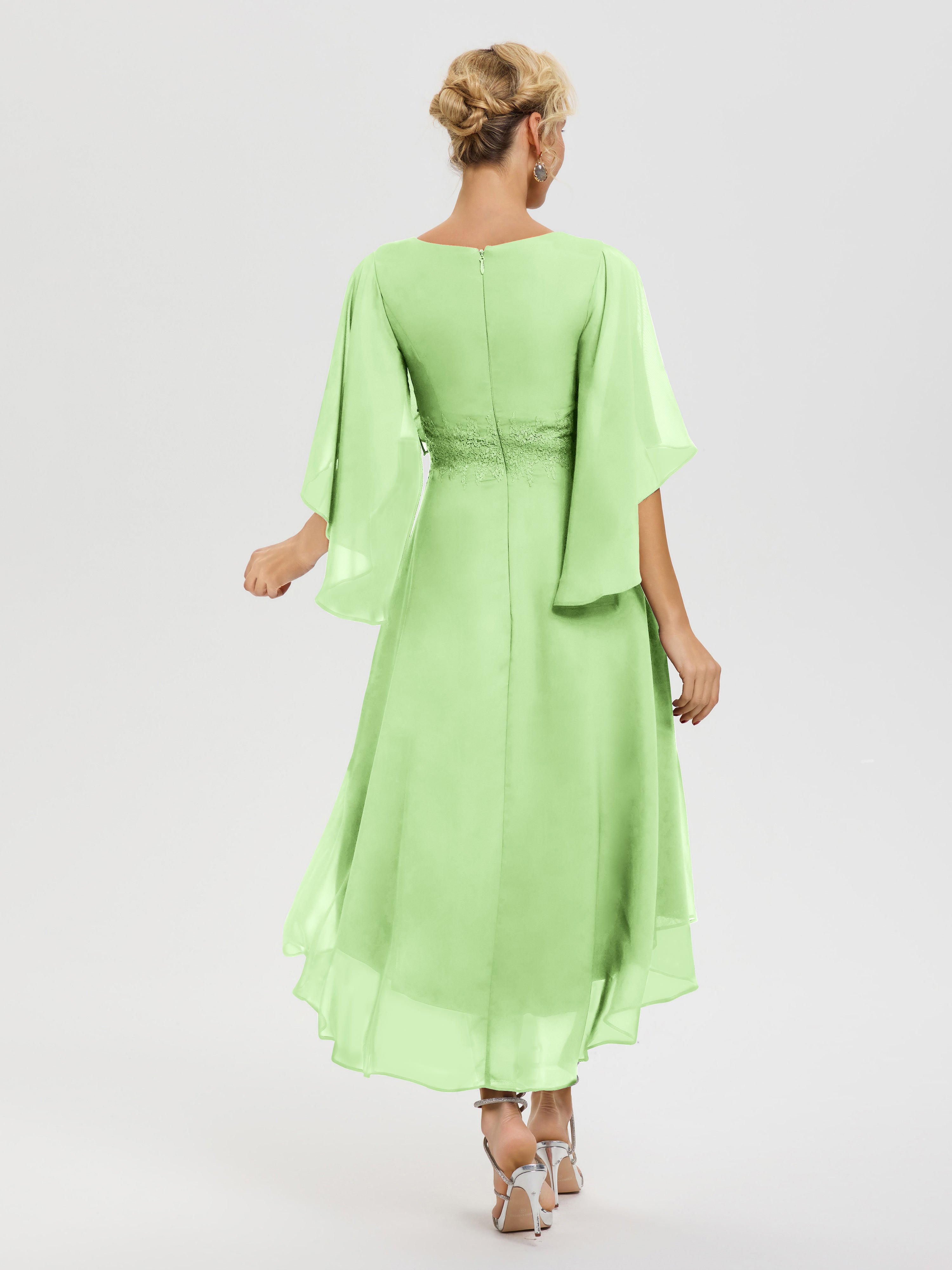 Robe Pour Mère De Mariée Sauge Col V Mousseline & Dentelle Manches Asymétrique Robe Pour Mère De Mariée