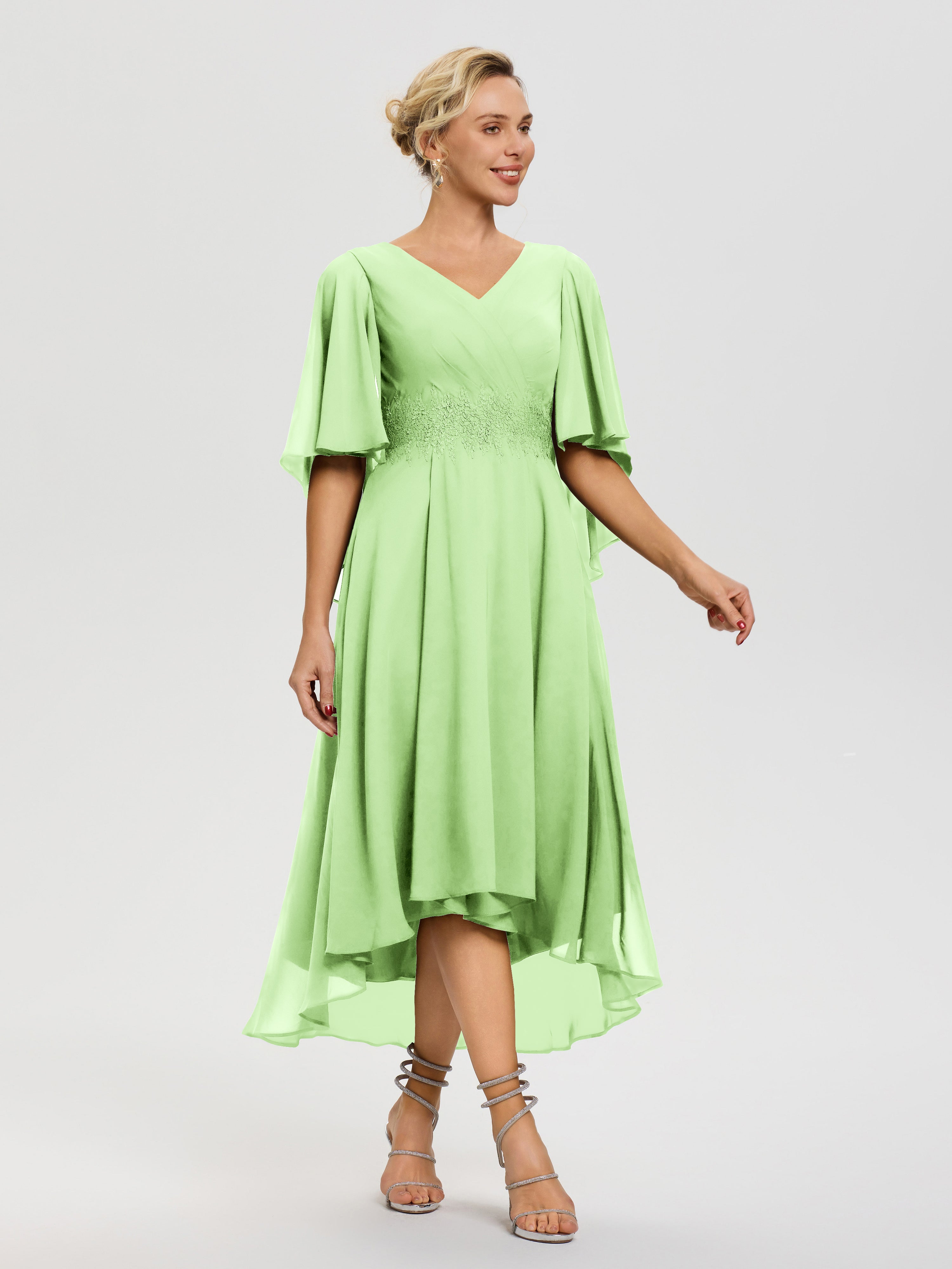 Robe Pour Mère De Mariée Sauge Col V Mousseline & Dentelle Manches Asymétrique Robe Pour Mère De Mariée