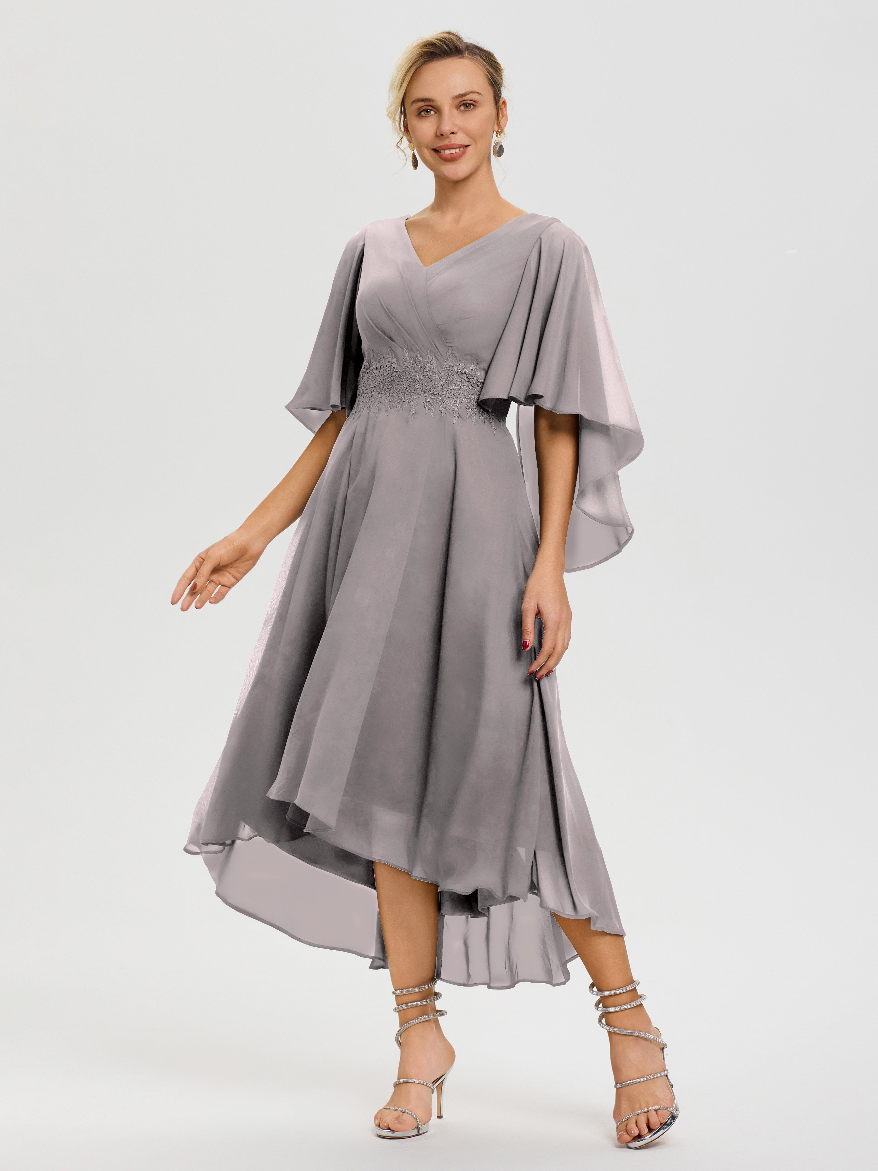 Tenue Mere Dela Mariee Argent Col V Mousseline & Dentelle Manches Asymétrique Robe Pour Mère De Mariée