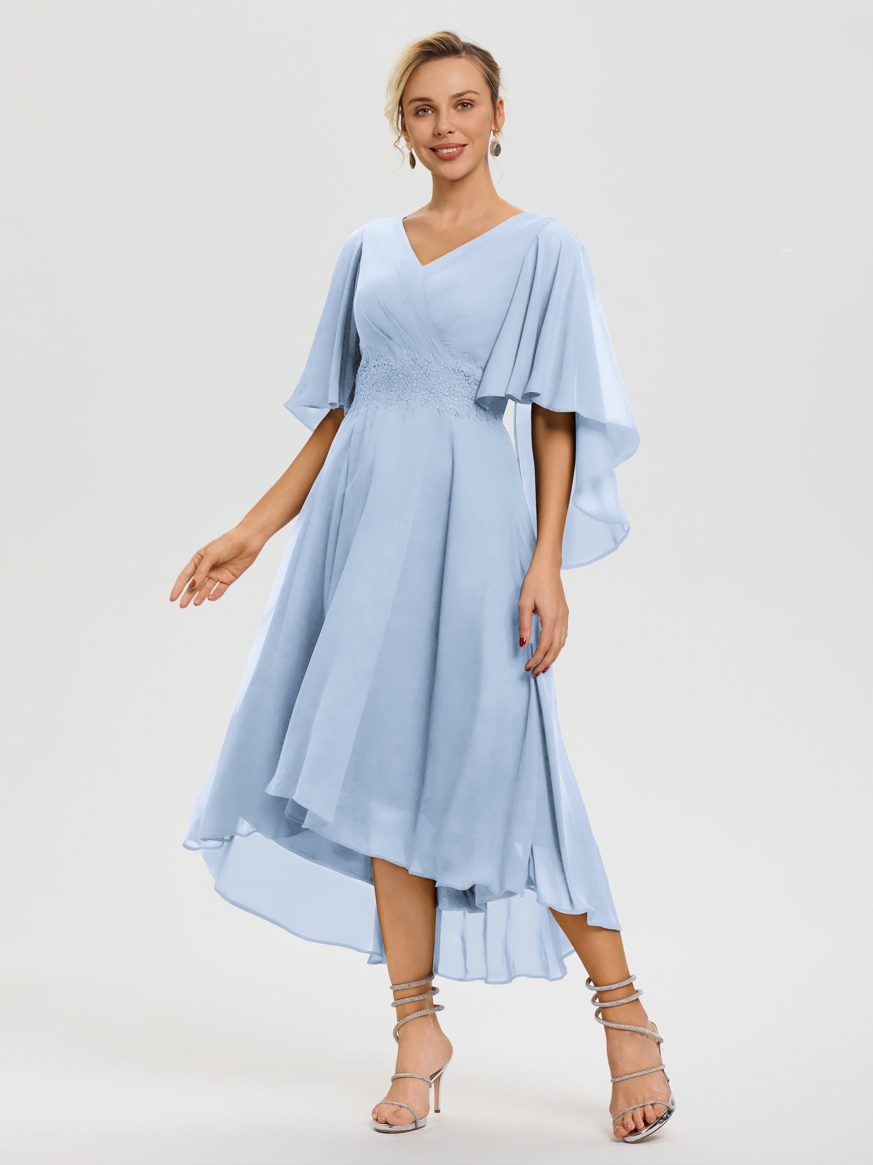 Tenue Mere Dela Mariee Bleu Ciel Col V Mousseline & Dentelle Manches Asymétrique Robe Pour Mère De Mariée