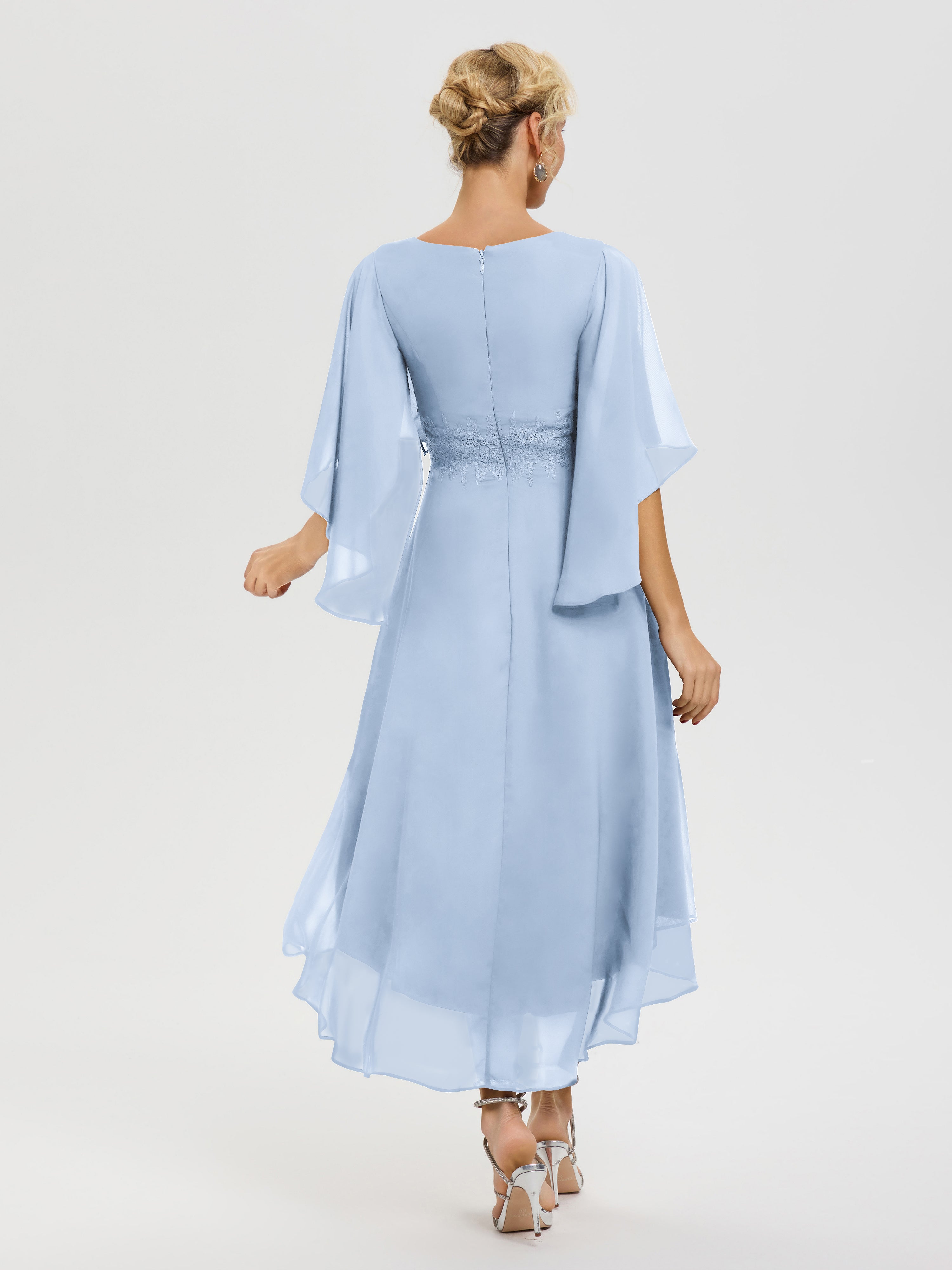 Tenue Mere Dela Mariee Bleu Ciel Col V Mousseline & Dentelle Manches Asymétrique Robe Pour Mère De Mariée