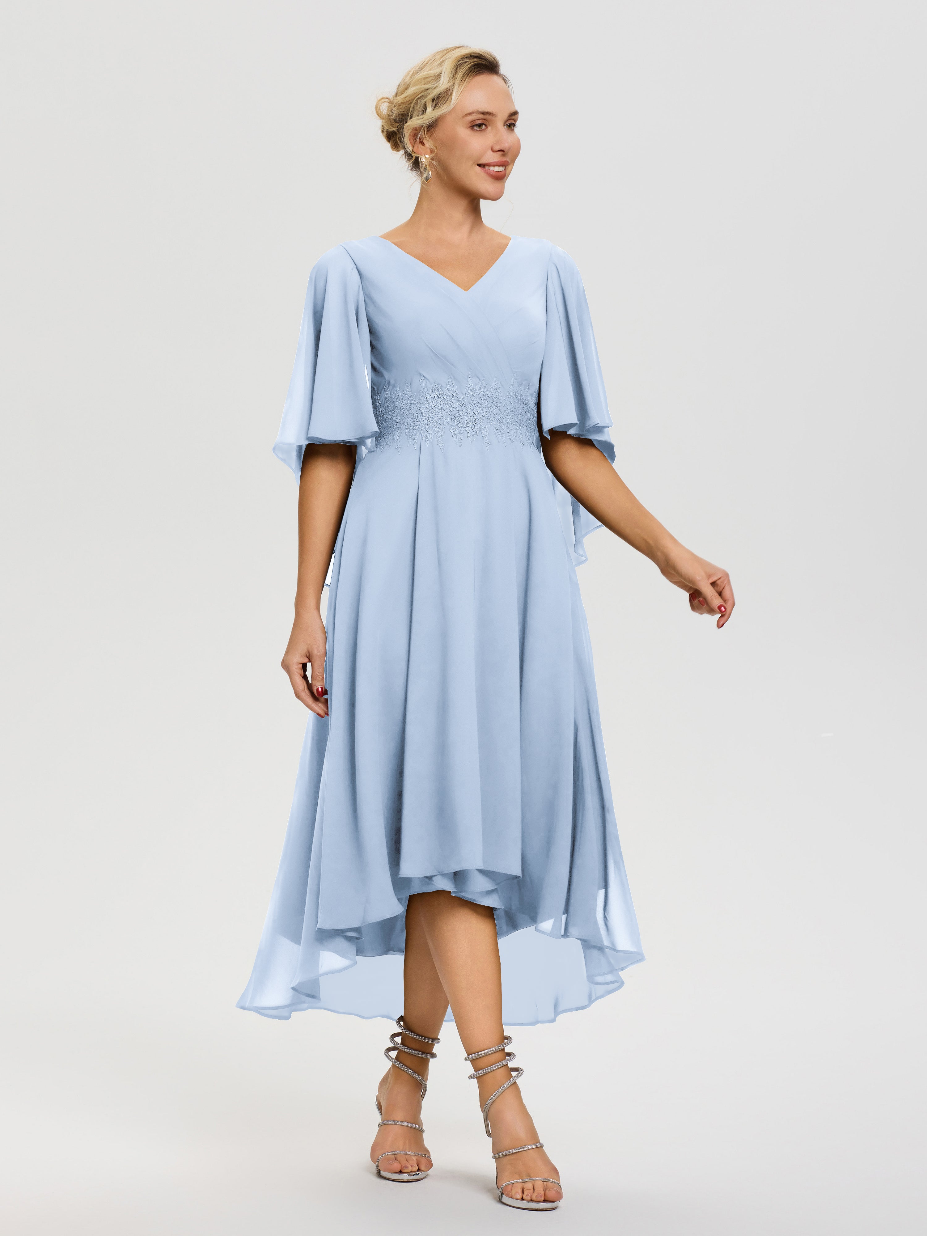 Tenue Mere Dela Mariee Bleu Ciel Col V Mousseline & Dentelle Manches Asymétrique Robe Pour Mère De Mariée