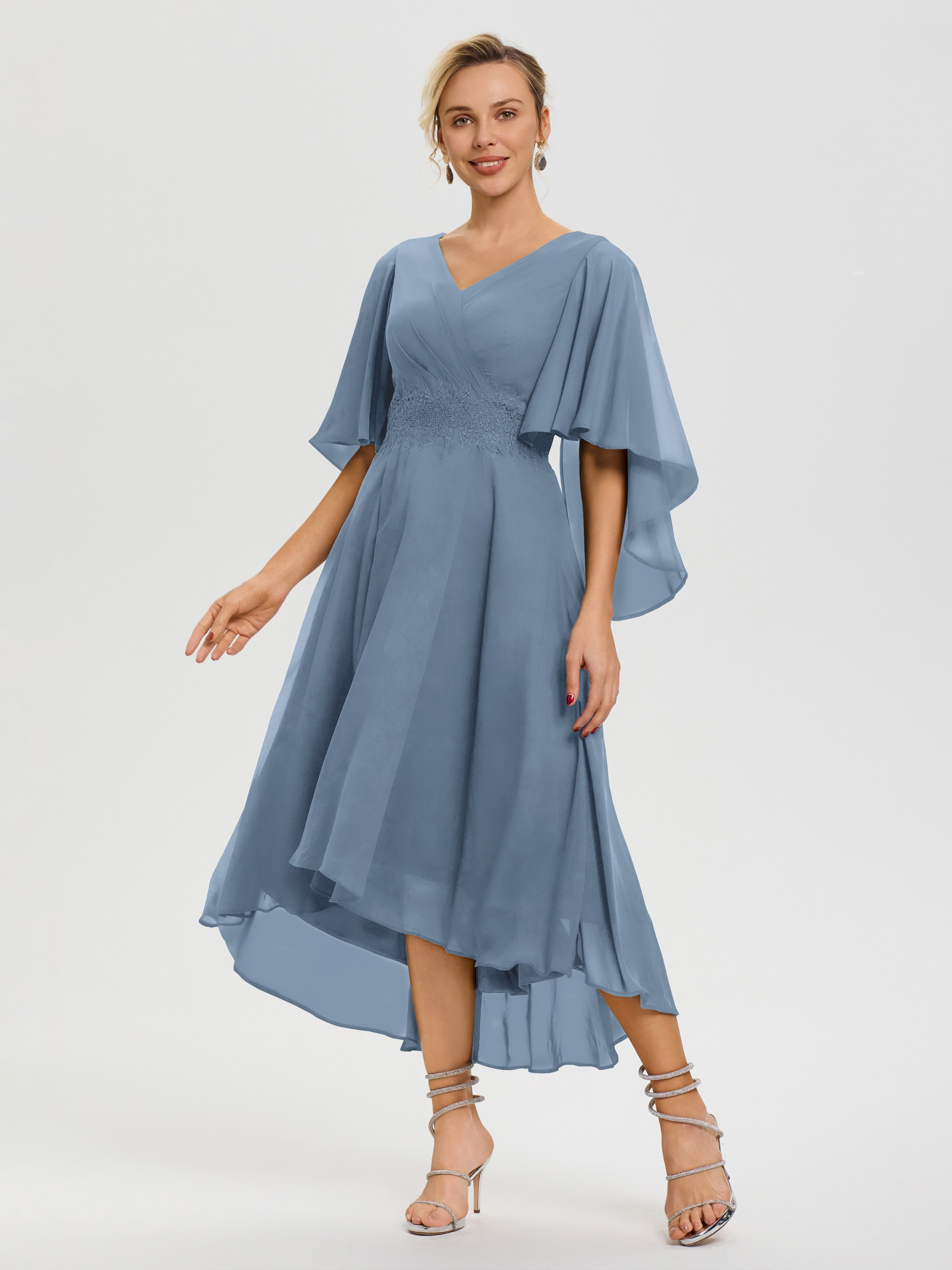 Robe Pour Mère De Mariée Bleu De Schiste Col-V-Mousseline-Dentelle-Manches-Asymetrique-Robe-Pour-Mere-De-Mariee