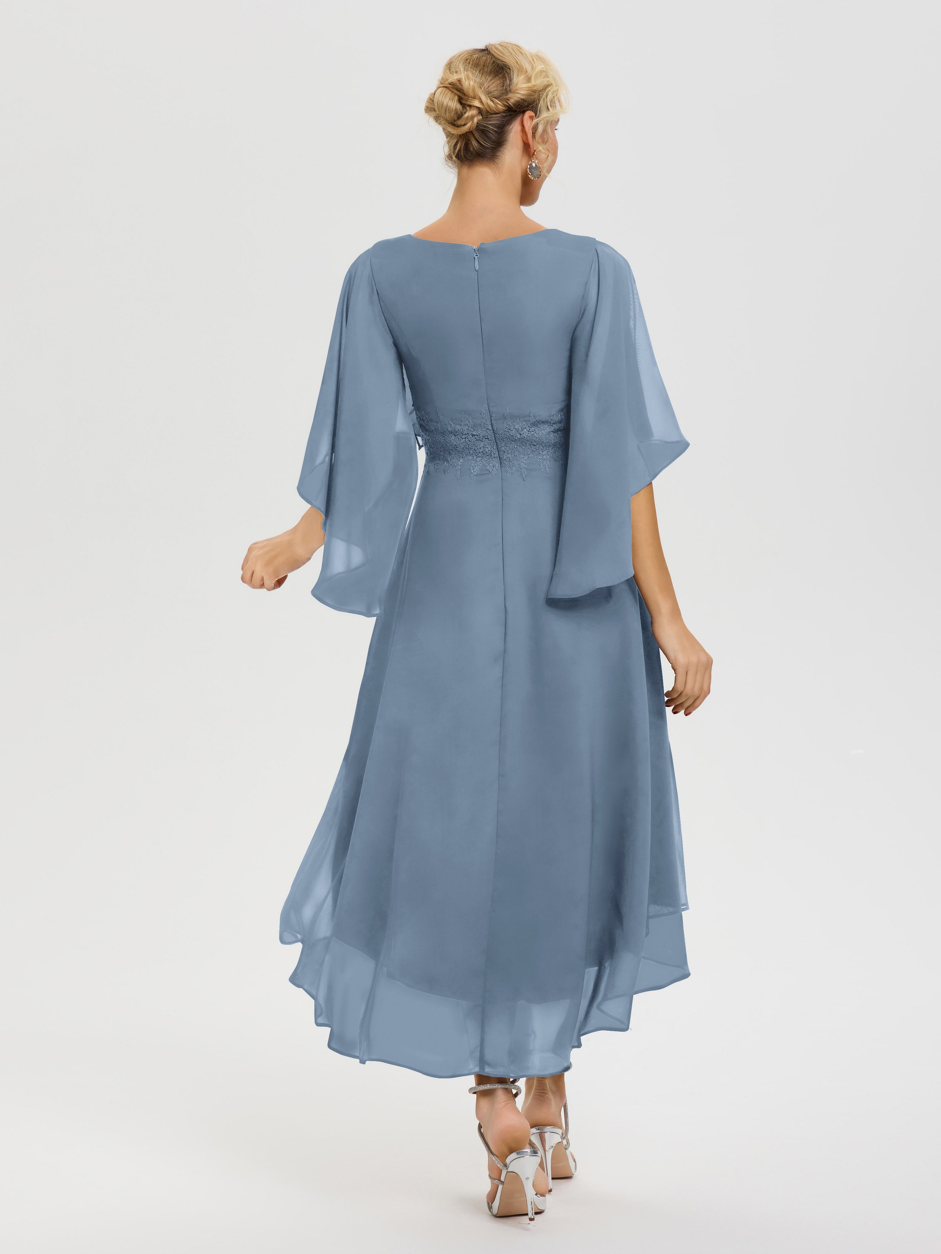 Robe Pour Mère De Mariée Bleu De Schiste Col-V-Mousseline-Dentelle-Manches-Asymetrique-Robe-Pour-Mere-De-Mariee