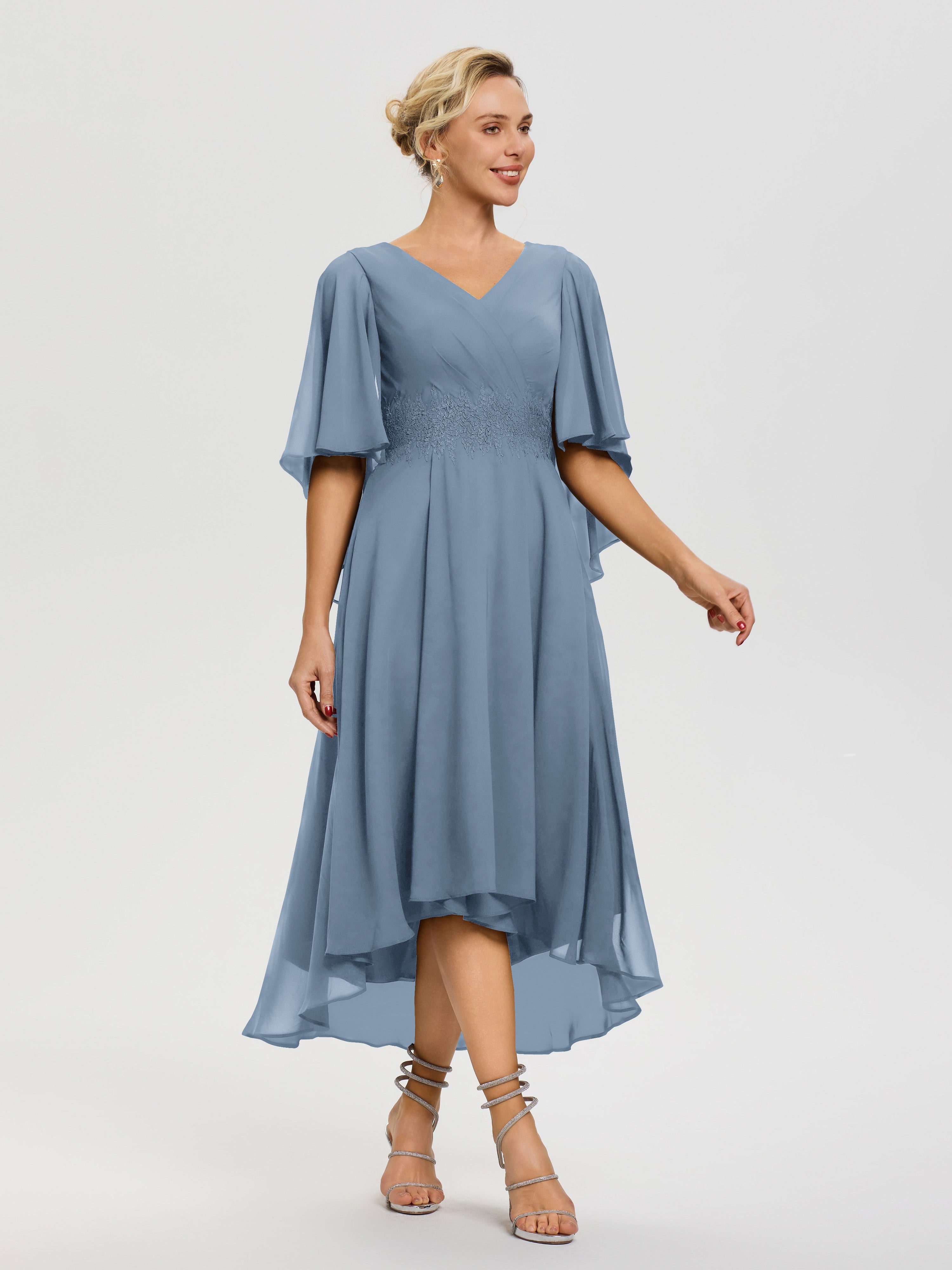 Robe Pour Mère De Mariée Bleu De Schiste Col-V-Mousseline-Dentelle-Manches-Asymetrique-Robe-Pour-Mere-De-Mariee