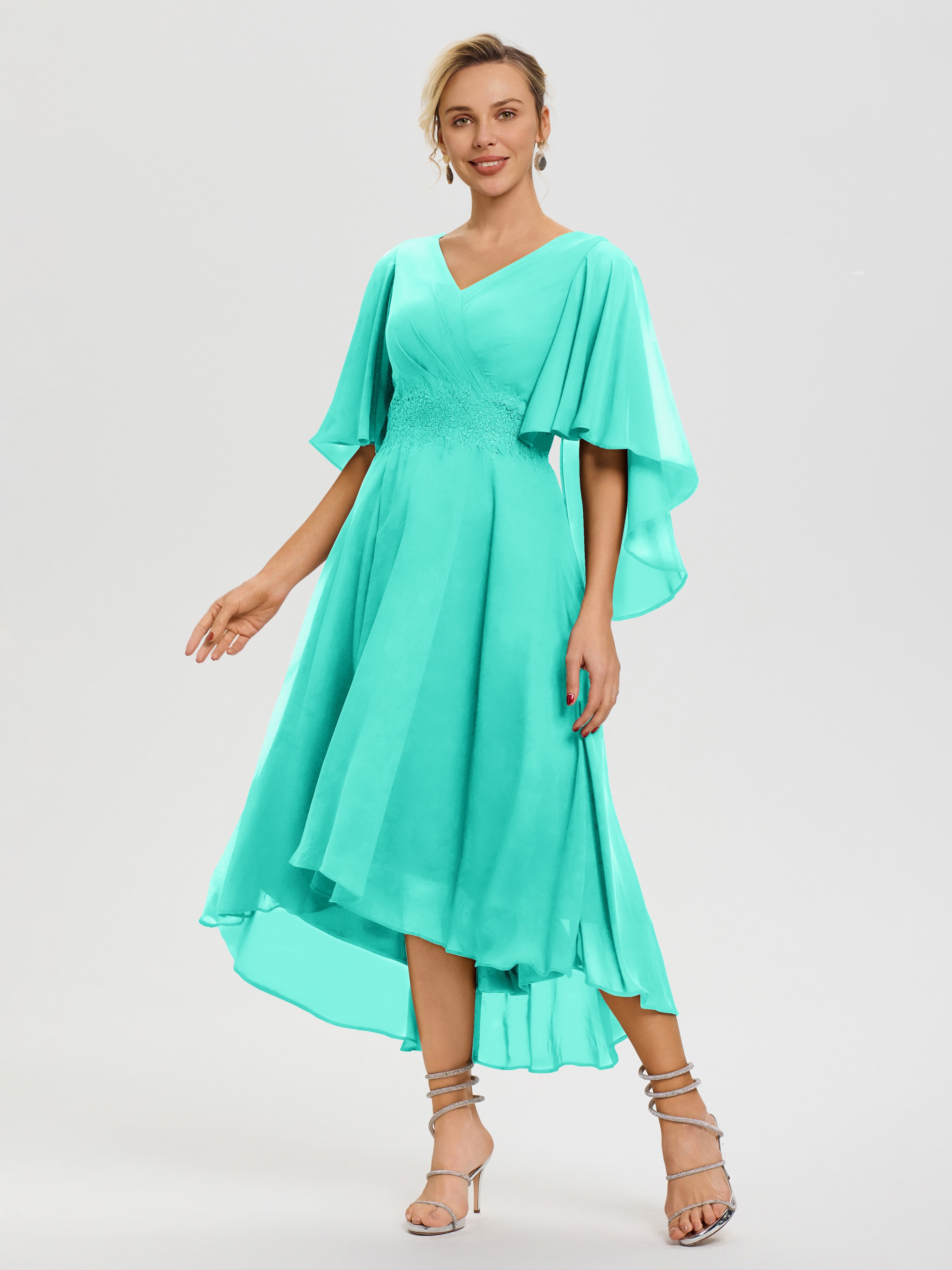 Robe Pour Mère De Mariée Spa Col V Mousseline & Dentelle Manches Asymétrique Robe Pour Mère De Mariée