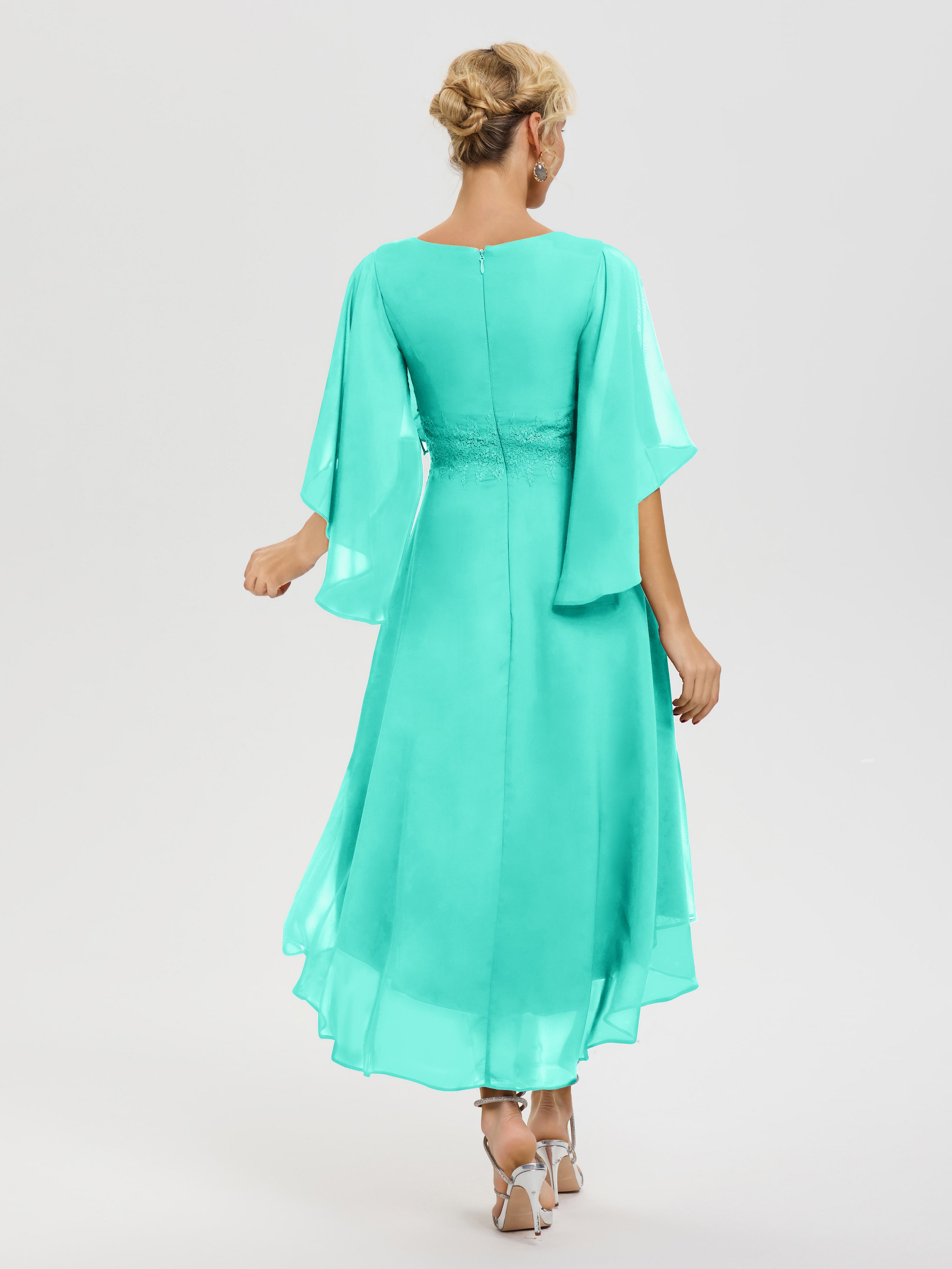 Robe Pour Mère De Mariée Spa Col V Mousseline & Dentelle Manches Asymétrique Robe Pour Mère De Mariée