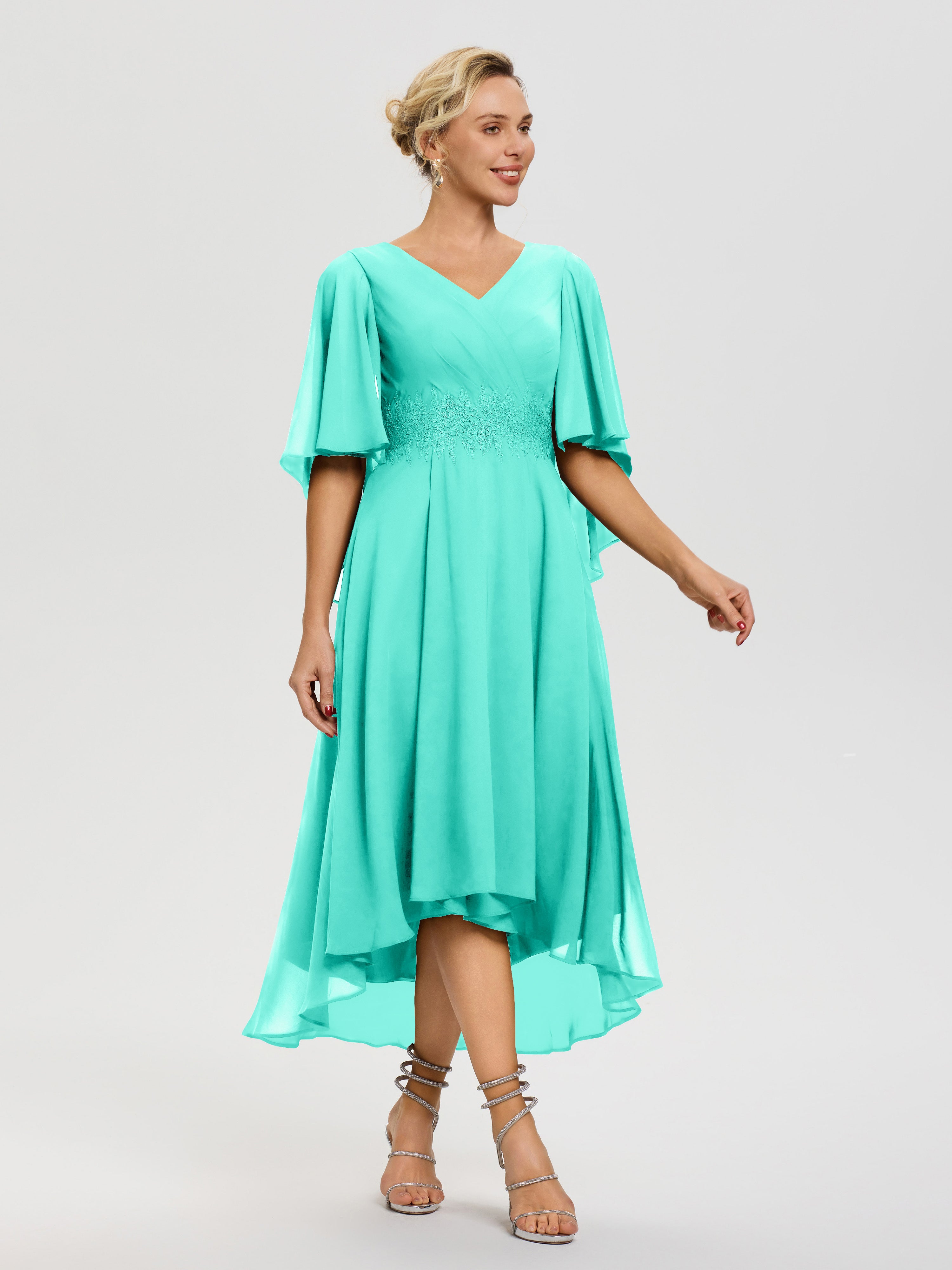 Robe Pour Mère De Mariée Spa Col V Mousseline & Dentelle Manches Asymétrique Robe Pour Mère De Mariée