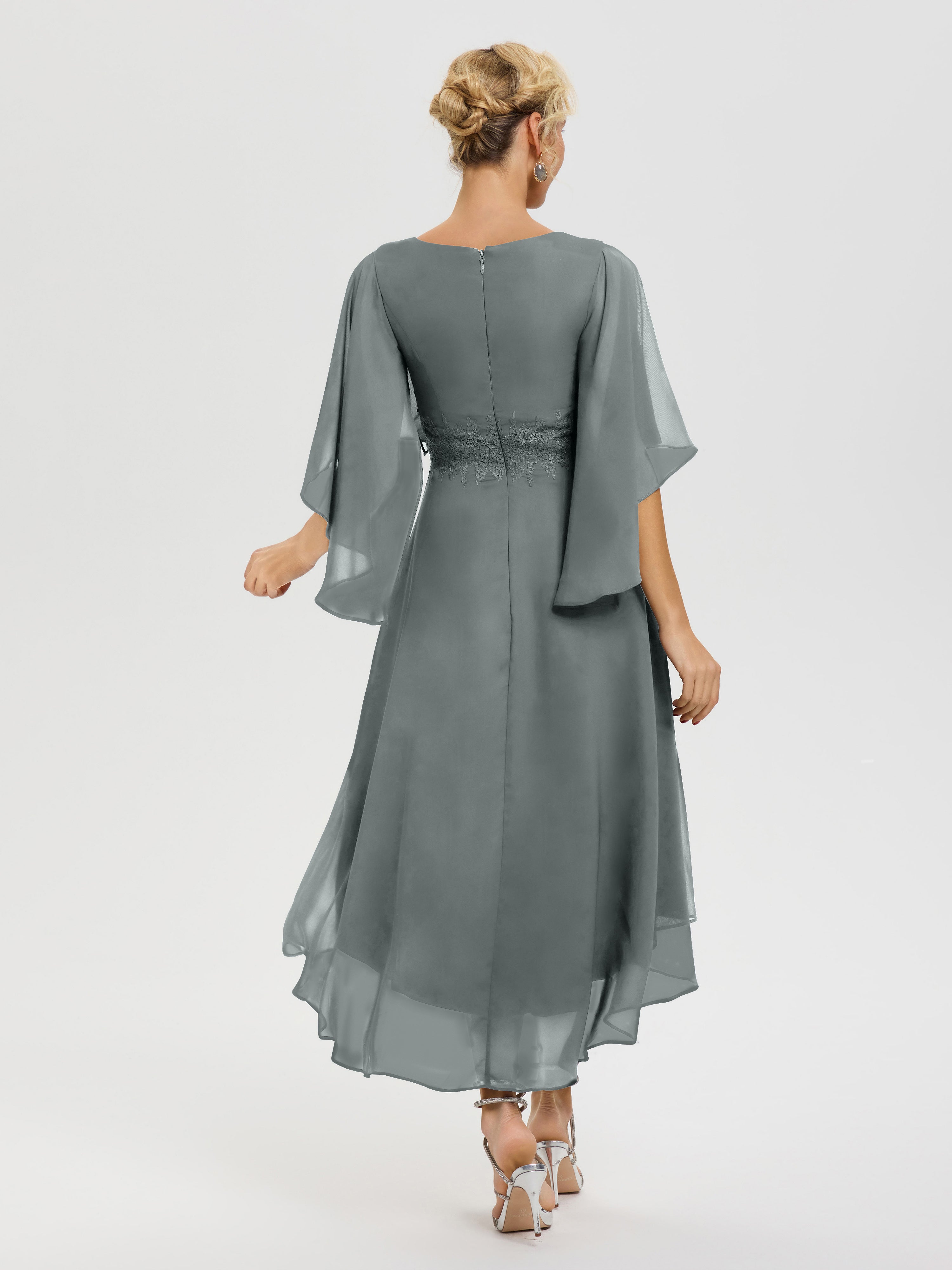 Robe Pour Mère De Mariée Gris Acier Col V Mousseline & Dentelle Manches Asymétrique Robe Pour Mère De Mariée