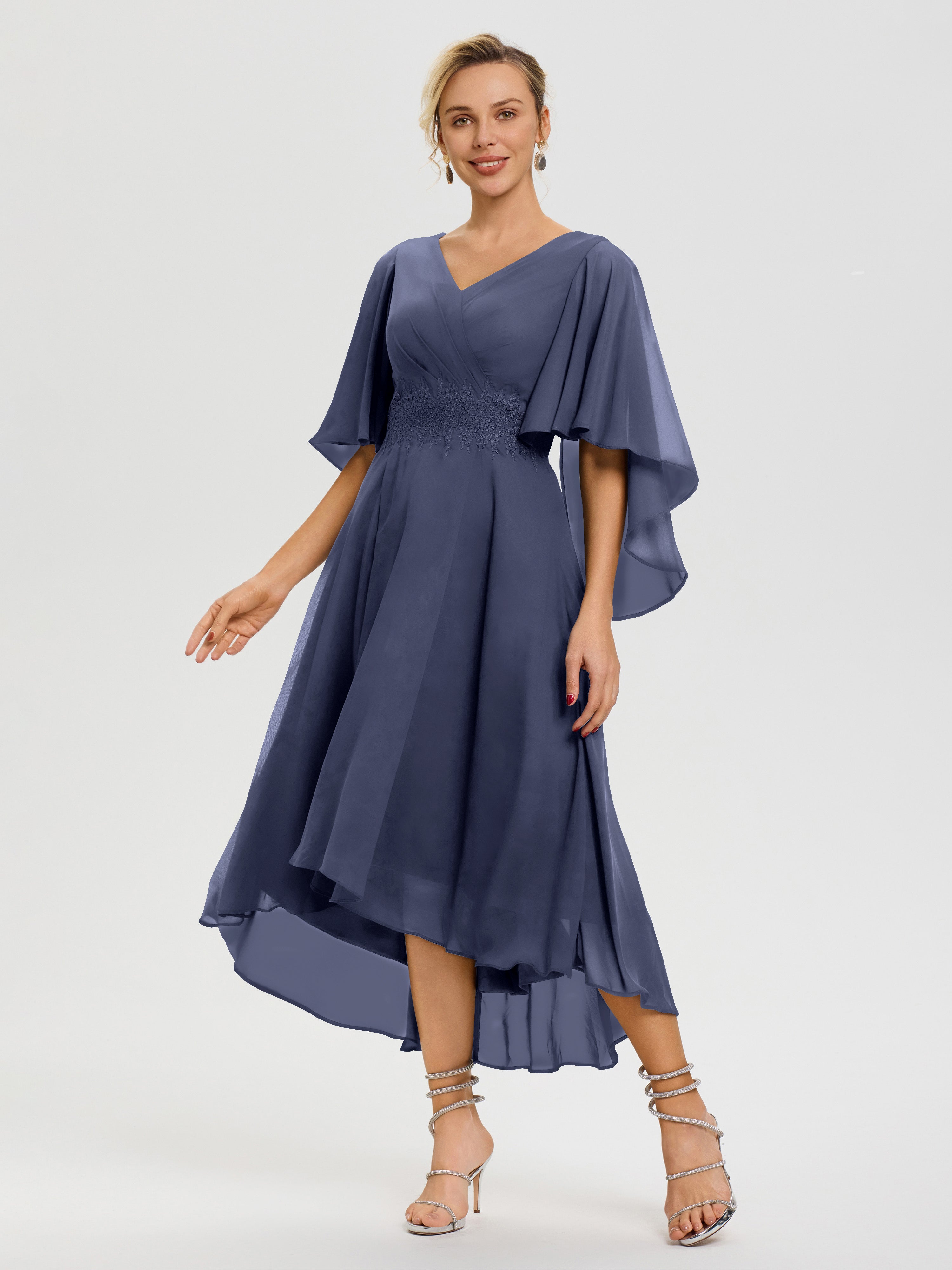 Robe Pour Mère De Mariée Orageux Col V Mousseline & Dentelle Manches Asymétrique Robe Pour Mère De Mariée