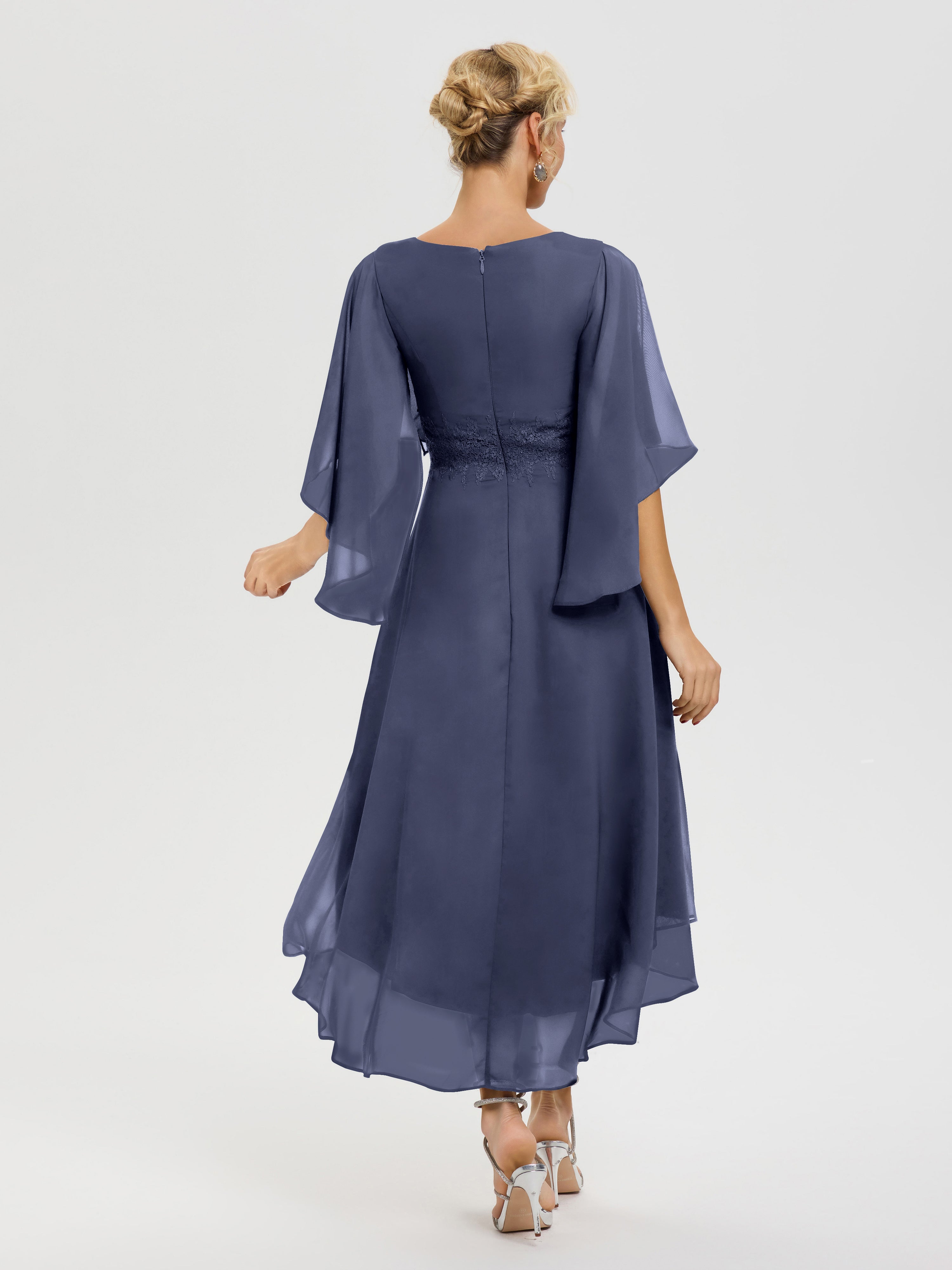 Robe Pour Mère De Mariée Orageux Col V Mousseline & Dentelle Manches Asymétrique Robe Pour Mère De Mariée