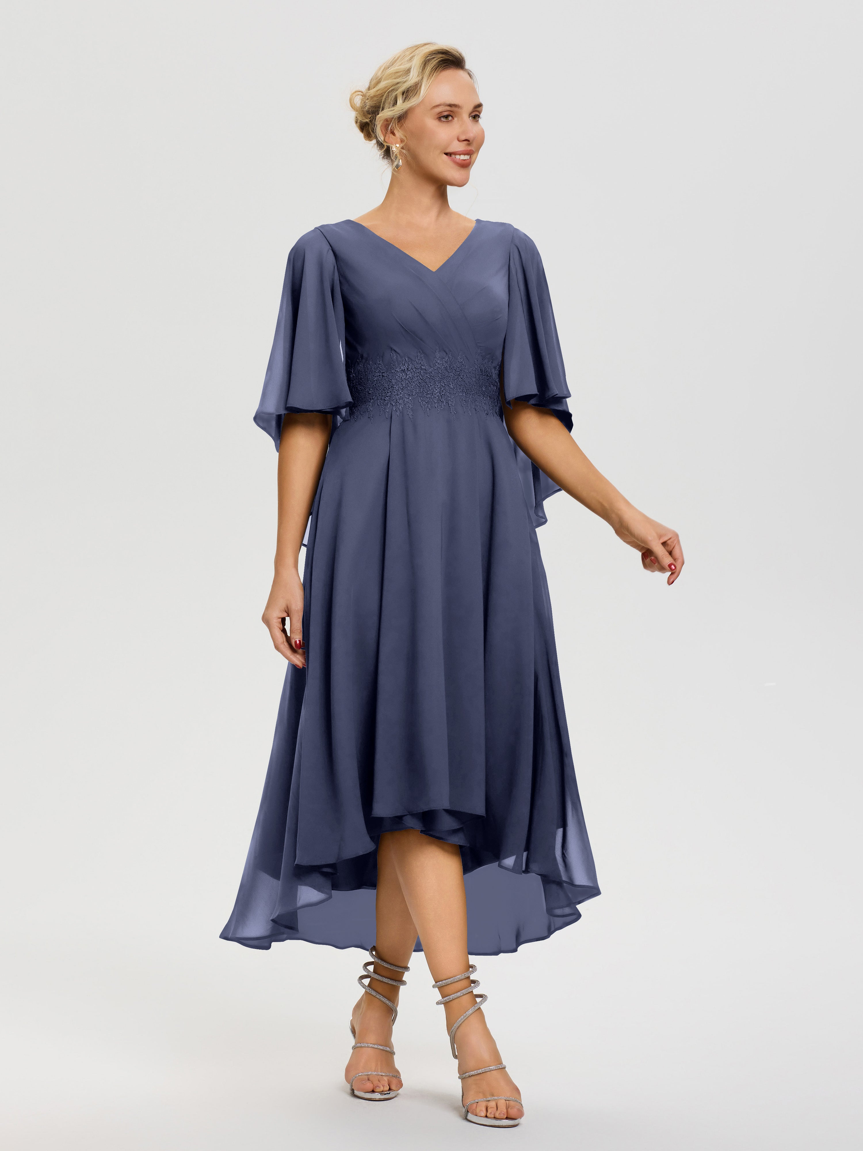 Robe Pour Mère De Mariée Orageux Col V Mousseline & Dentelle Manches Asymétrique Robe Pour Mère De Mariée