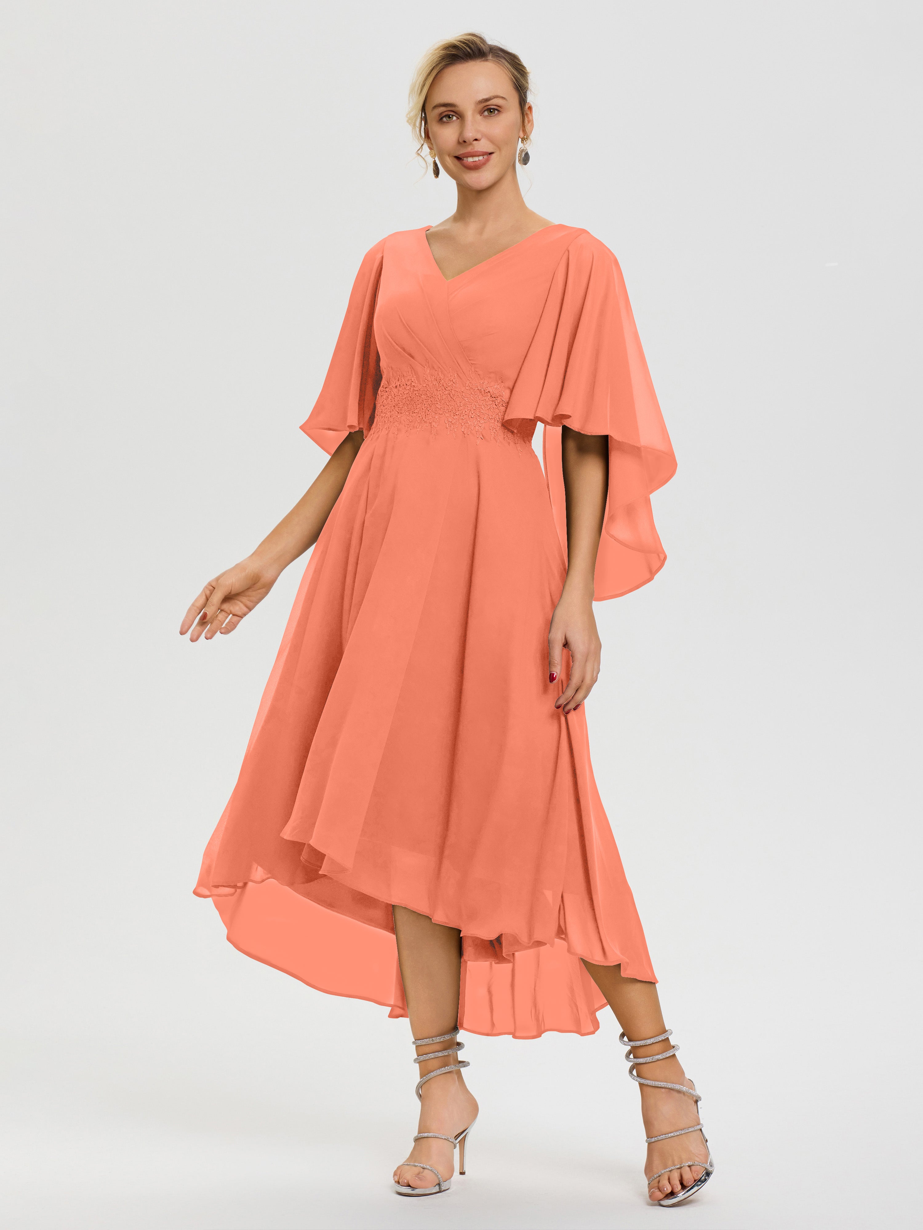 Robe Pour Mère De Mariée Coucher De Soleil Col V Mousseline & Dentelle Manches Asymétrique Robe Pour Mère De Mariée