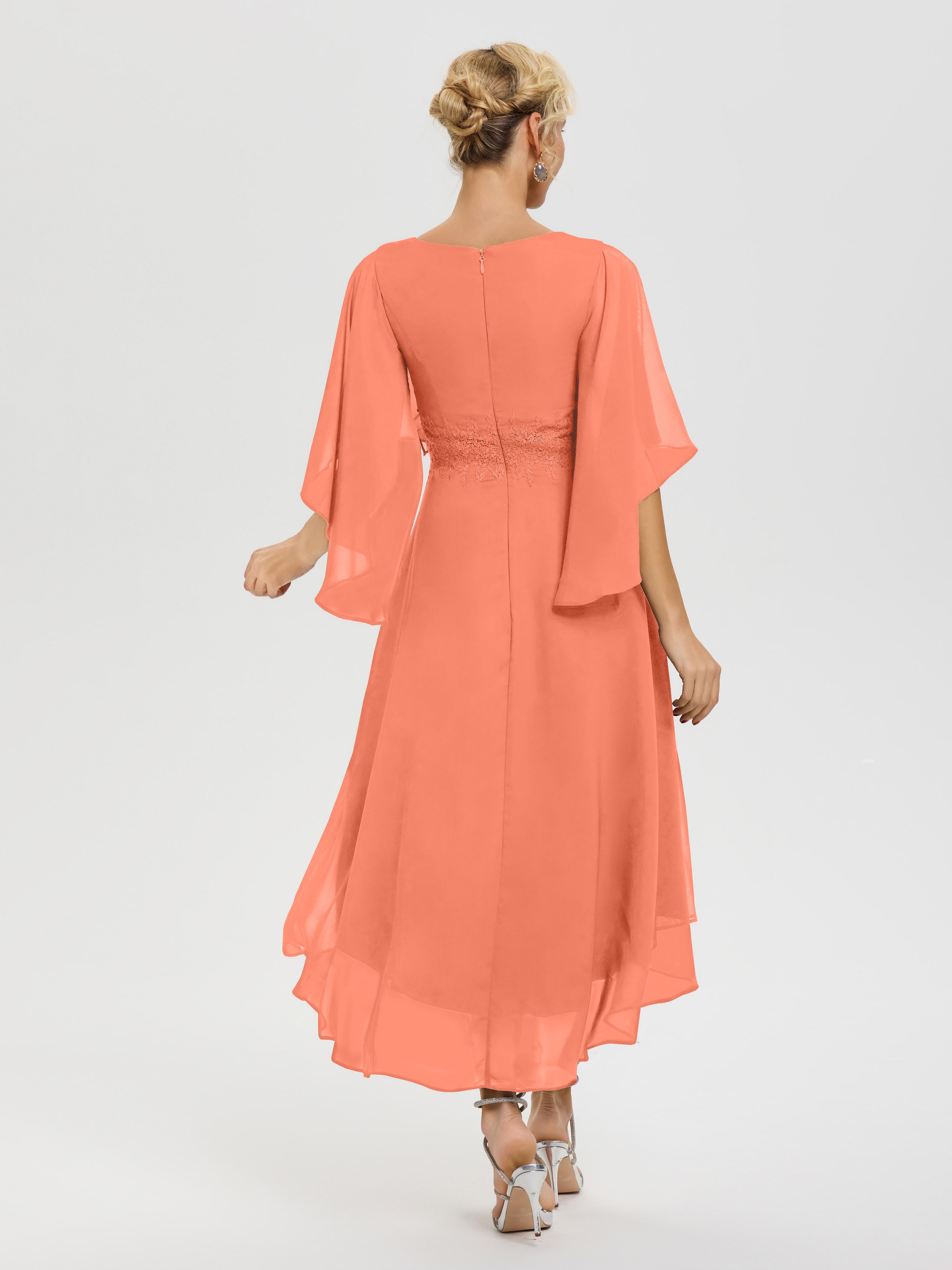 Robe Pour Mère De Mariée Coucher De Soleil Col V Mousseline & Dentelle Manches Asymétrique Robe Pour Mère De Mariée