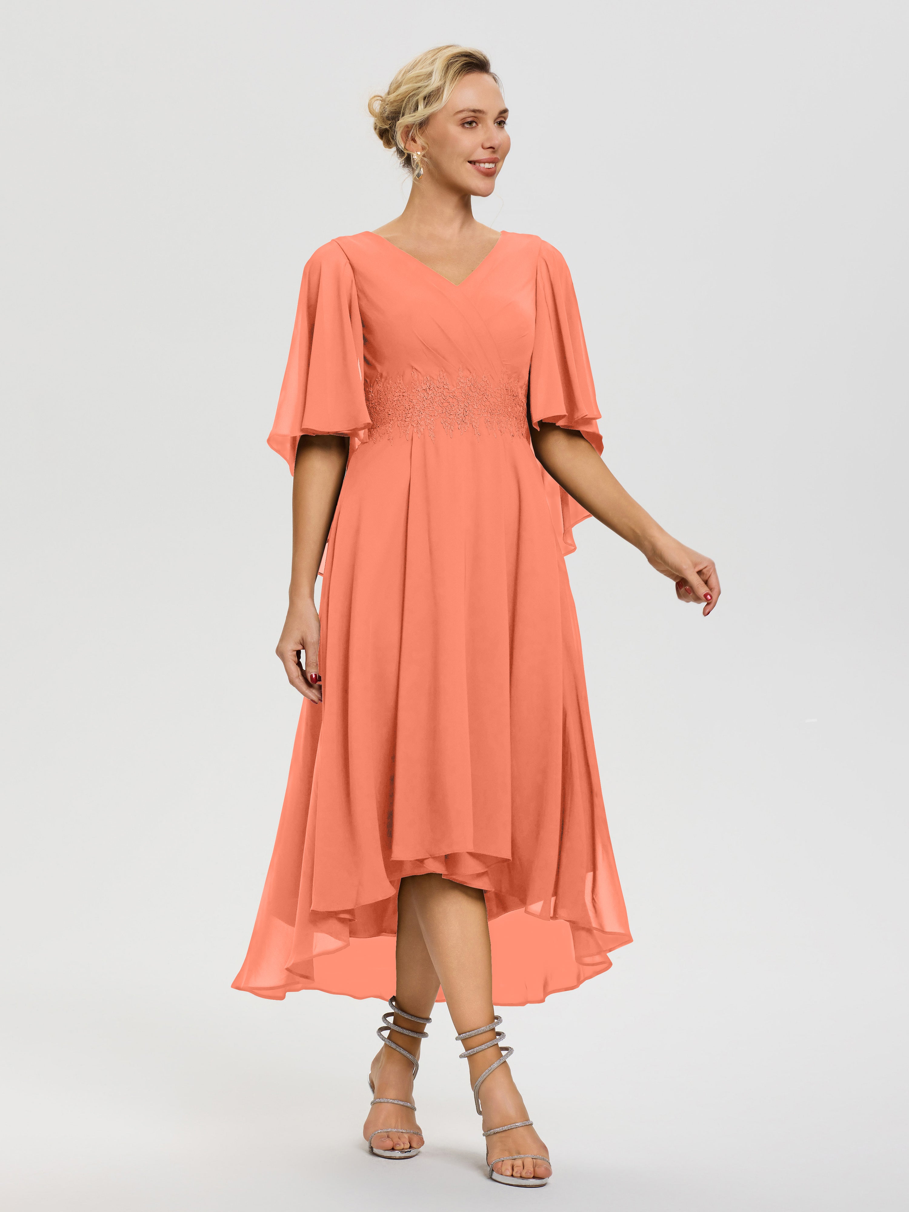 Robe Pour Mère De Mariée Coucher De Soleil Col V Mousseline & Dentelle Manches Asymétrique Robe Pour Mère De Mariée