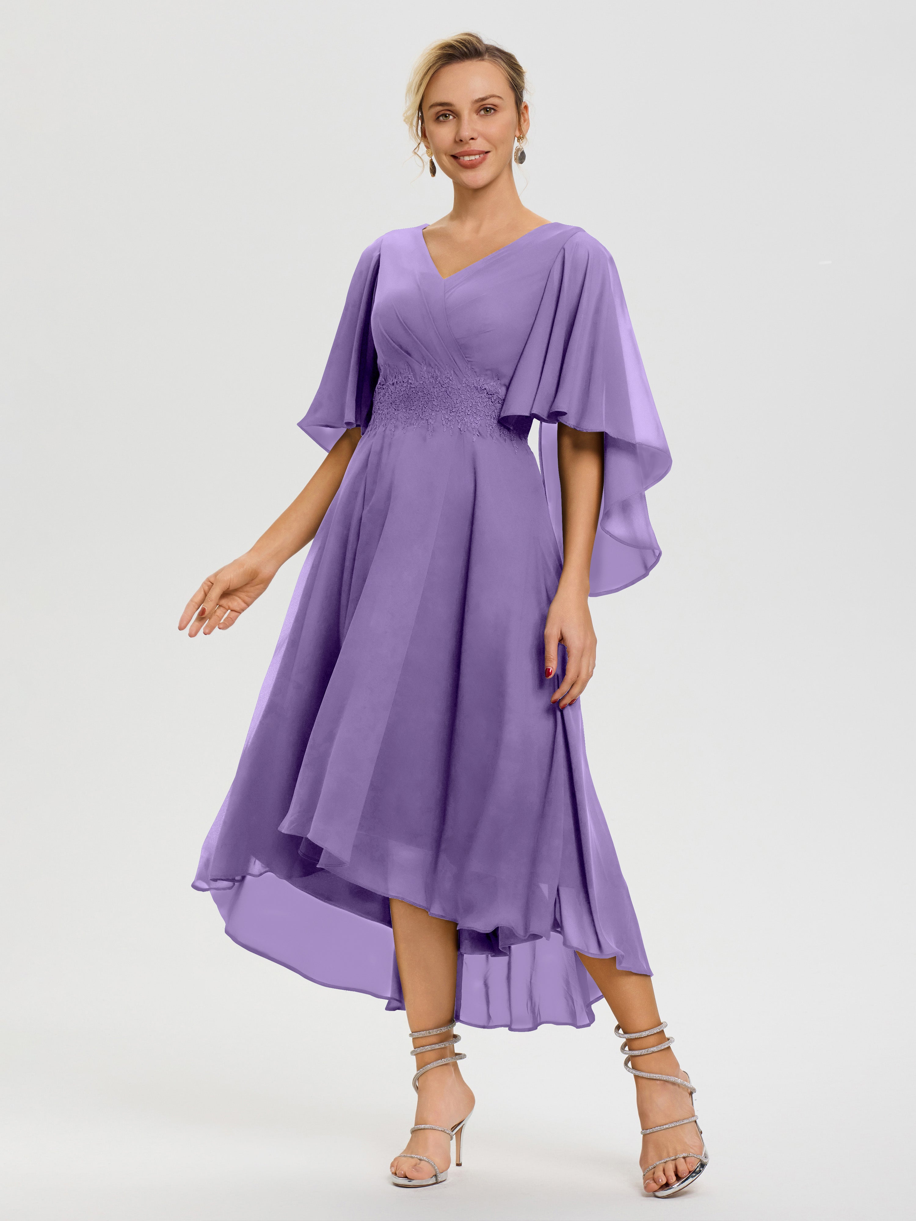 Robe Mère De La Mariee Tahiti Col V Mousseline & Dentelle Manches Asymétrique Robe Pour Mère De Mariée