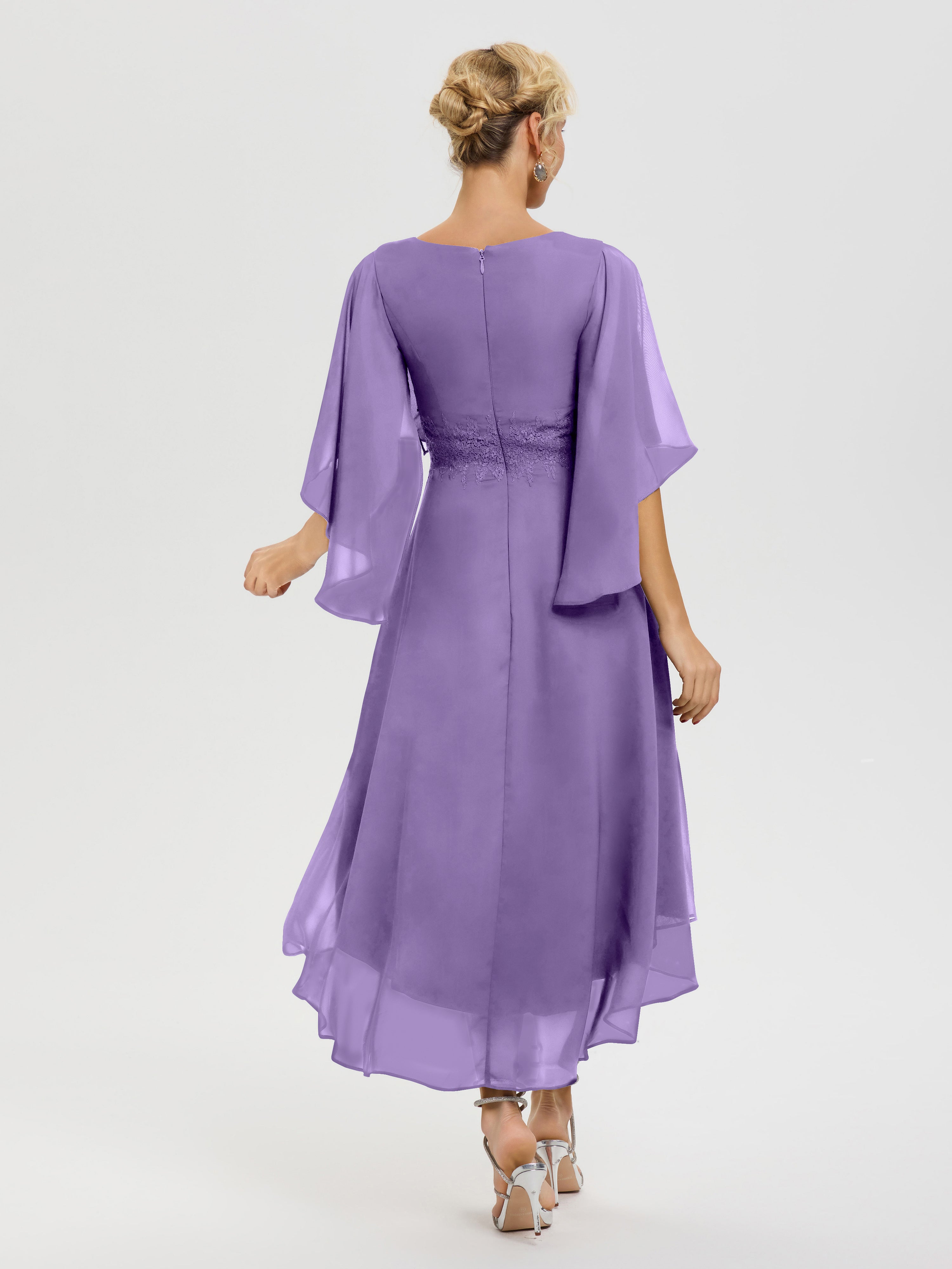 Robe Mère De La Mariee Tahiti Col V Mousseline & Dentelle Manches Asymétrique Robe Pour Mère De Mariée