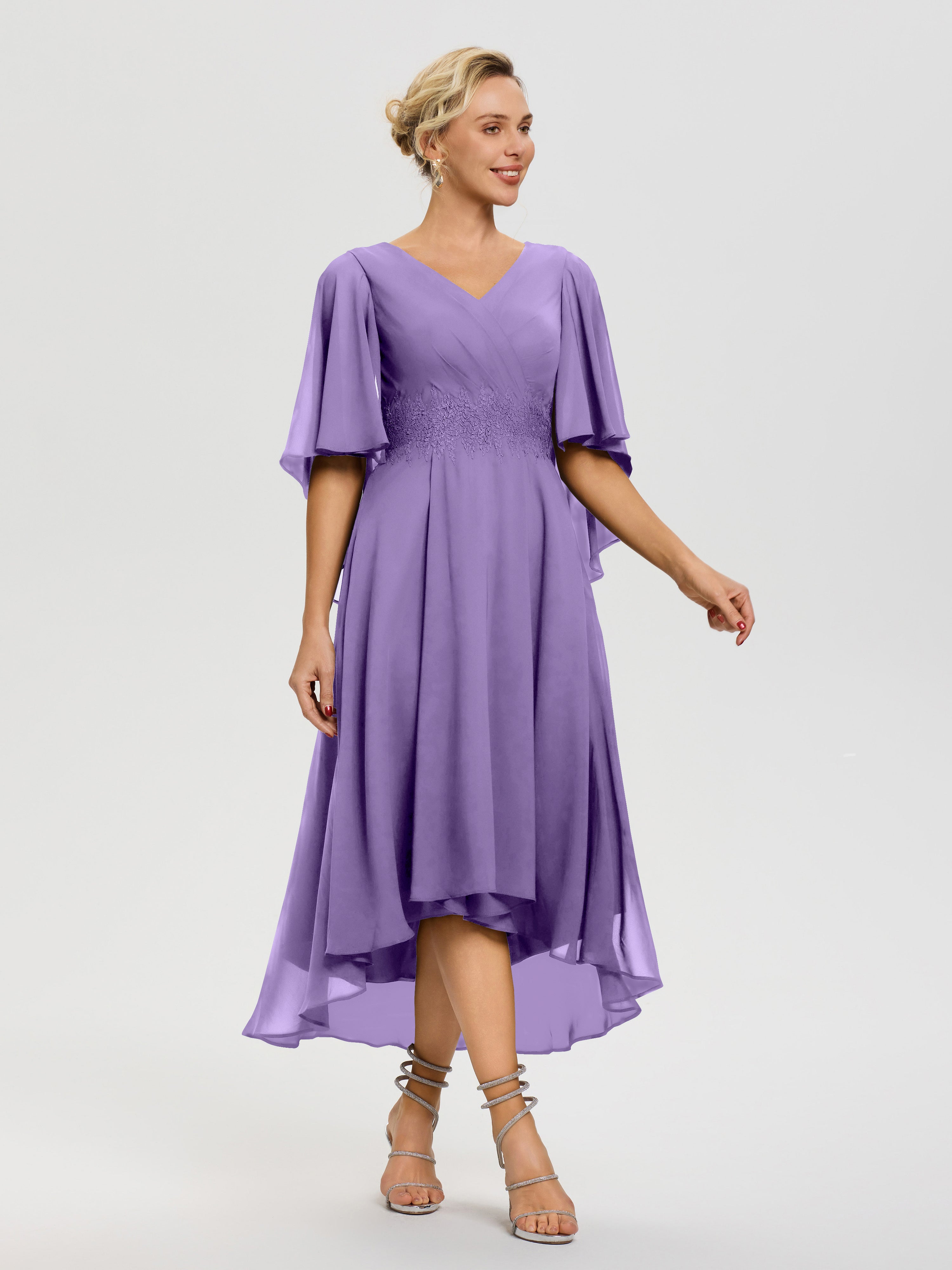 Robe Mère De La Mariee Tahiti Col V Mousseline & Dentelle Manches Asymétrique Robe Pour Mère De Mariée