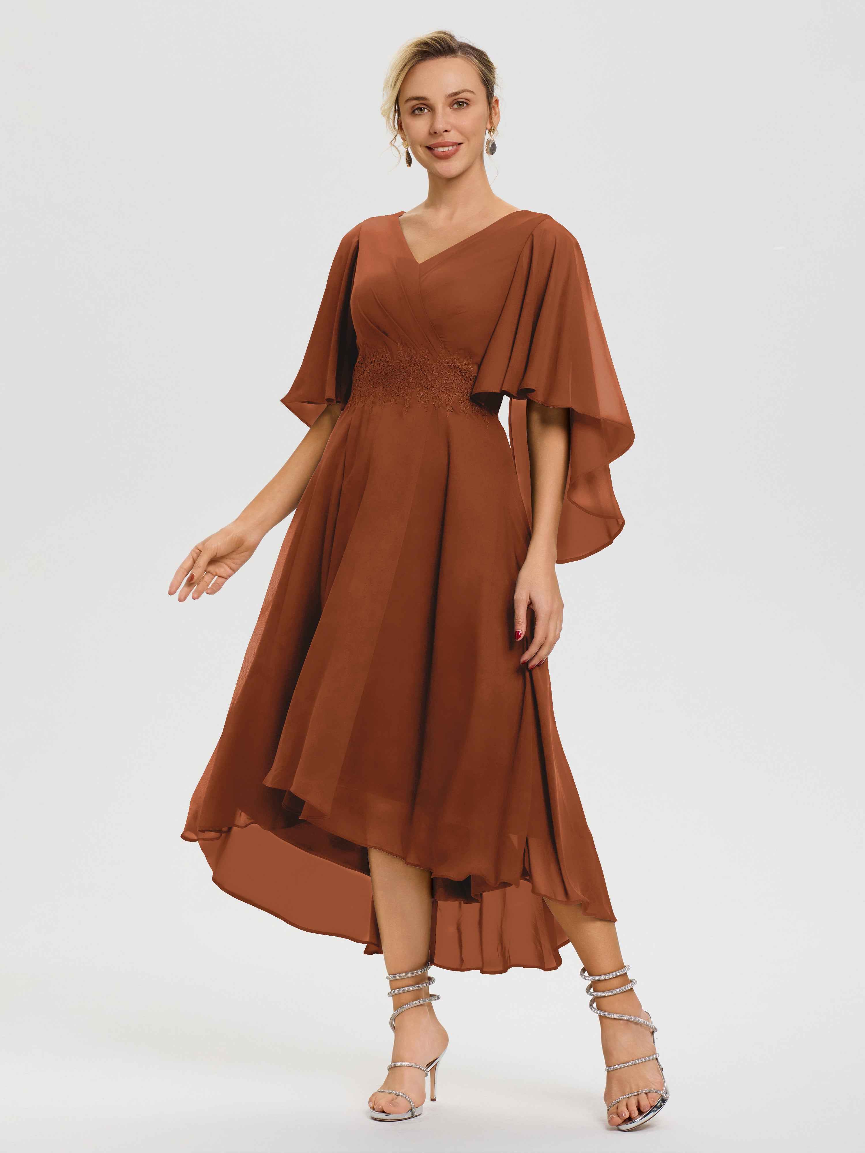 Robe Mere De La Mariee Terracotta Col V Mousseline & Dentelle Manches Asymétrique Robe Pour Mère De Mariée